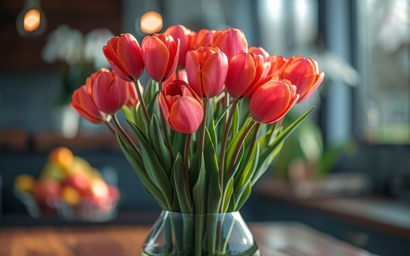 Букет красных тюльпанов в стеклянной прозрачной вазе на столе