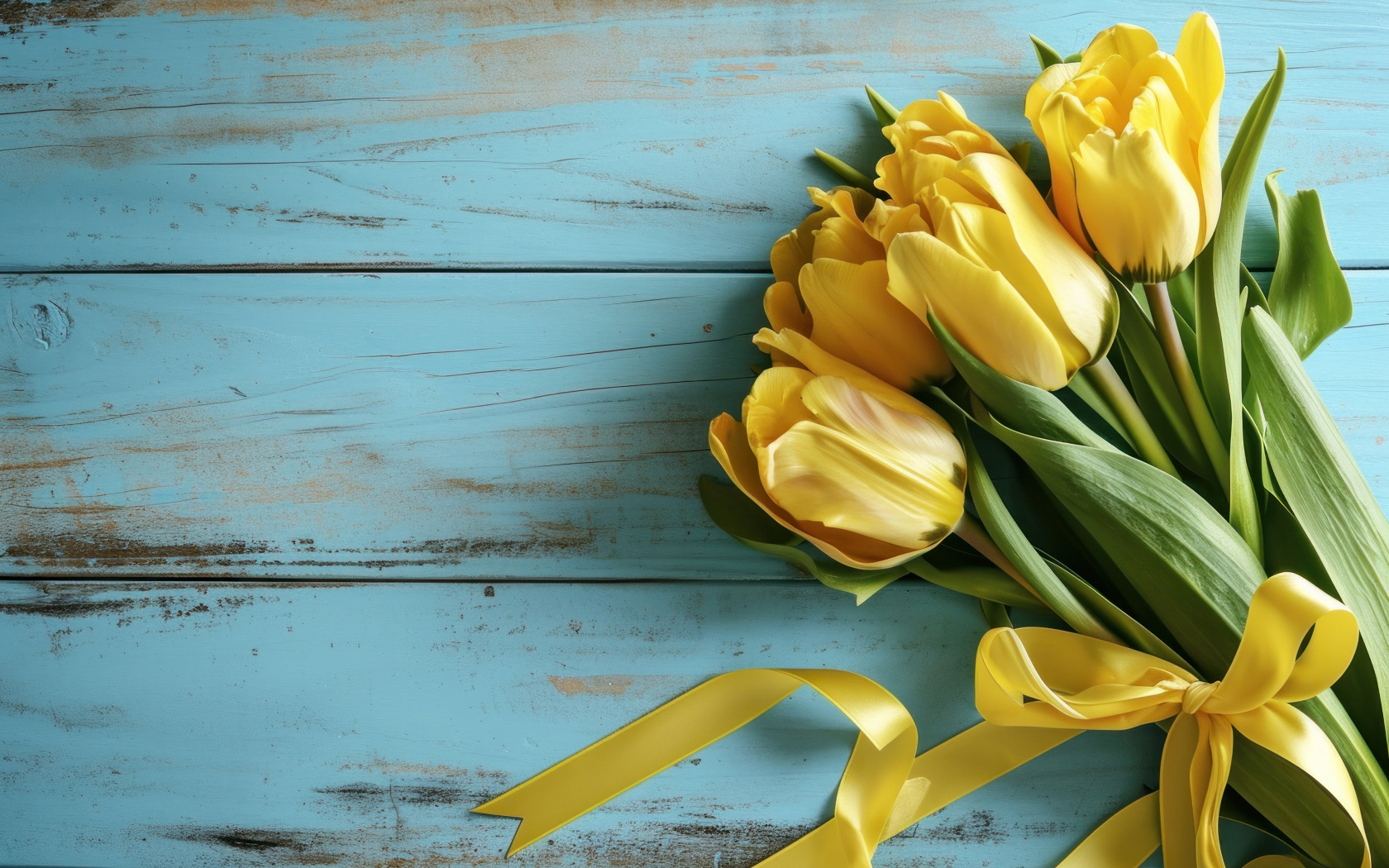 Букет желтых тюльпанов с лентой на голубом столе