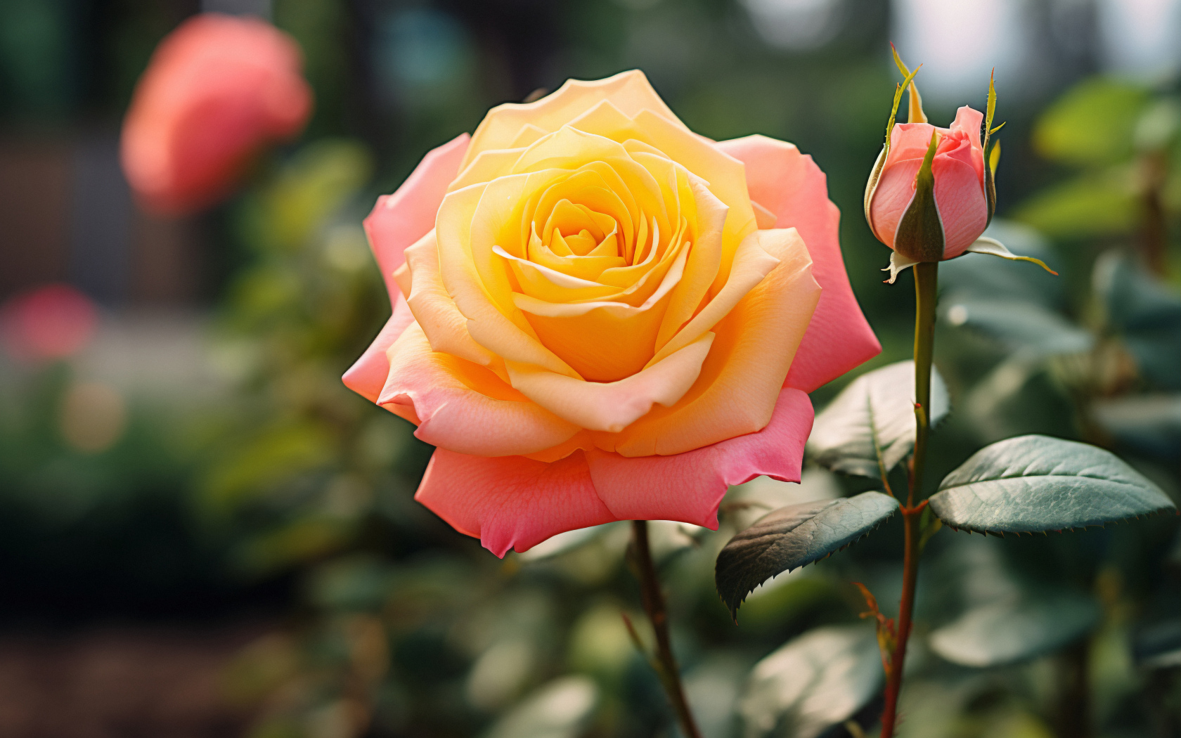 Розовая роза с желтой серединкой с бутоном