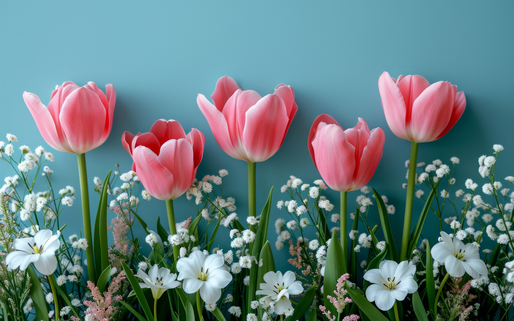 Розовые тюльпаны с белыми цветами на голубом столе