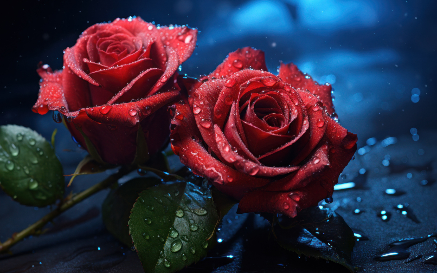 Две красные розы на черной поверхности под дождем