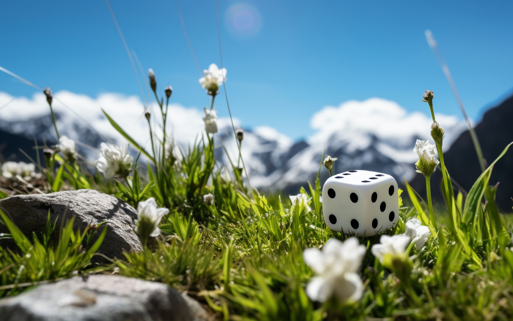 Кубик лежит на зеленой траве в горах