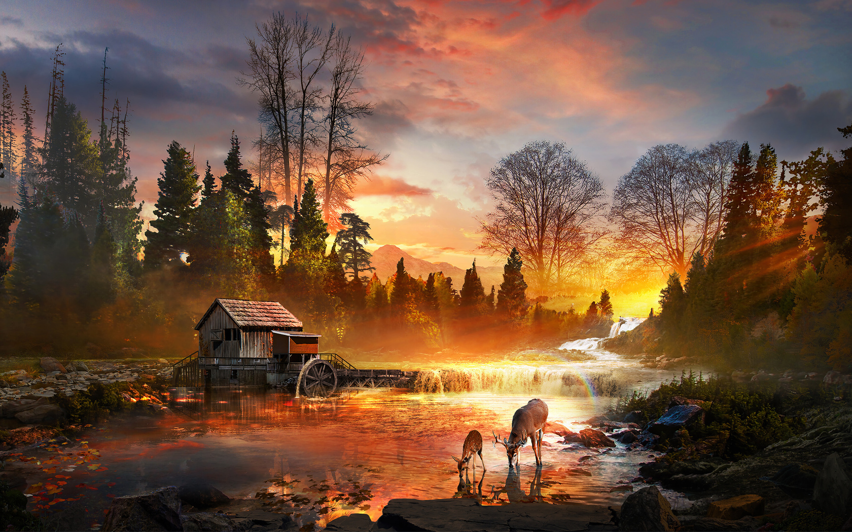 Закат солнца у лесной реки со старым домом