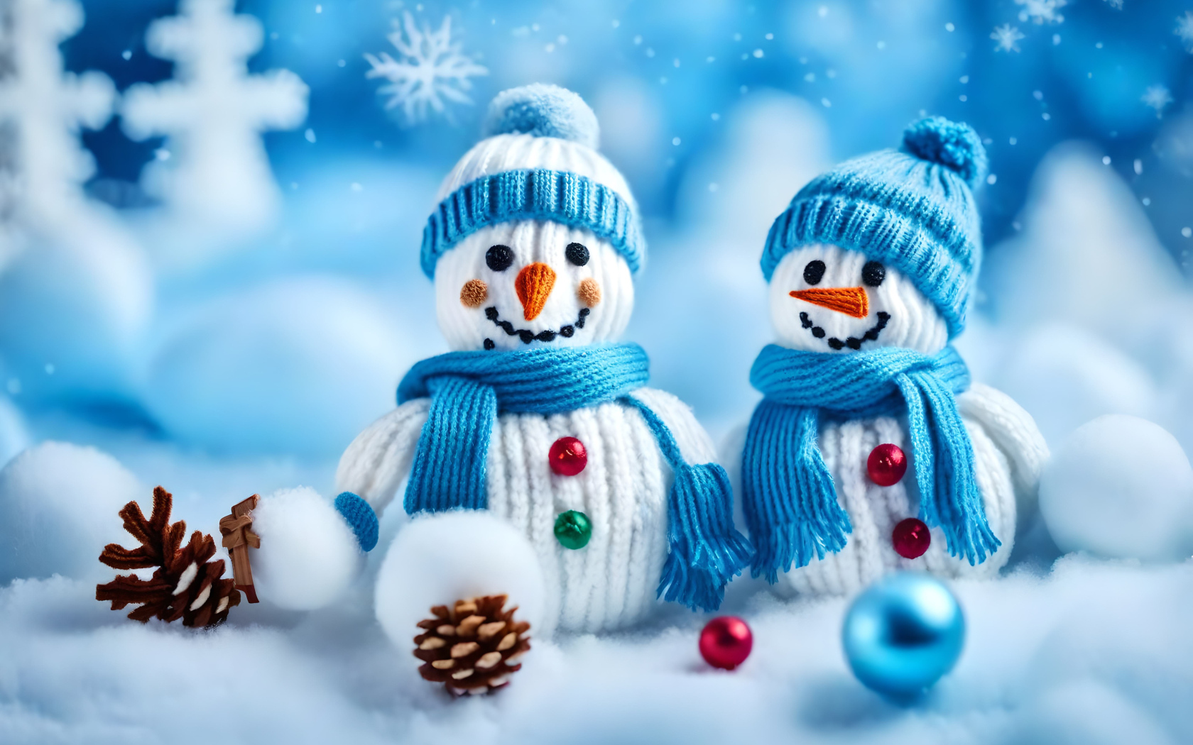 Два снеговика в шапках на снегу с шишками