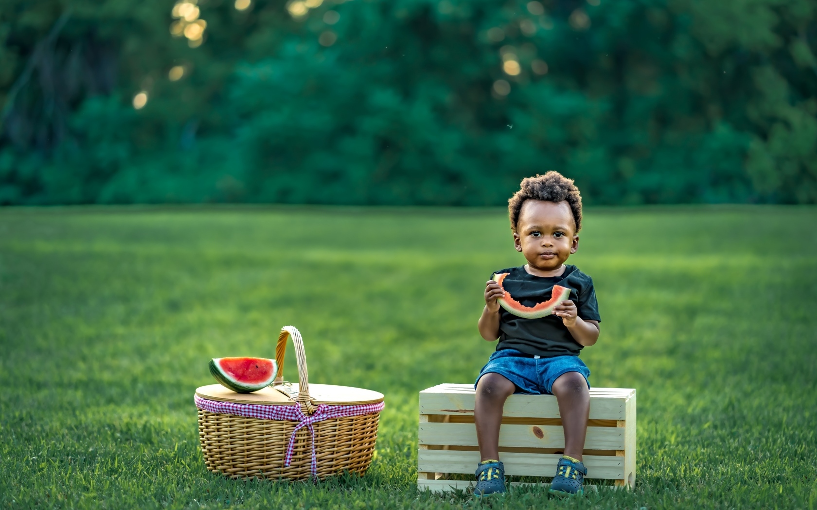 Темнокожий мальчик ест арбуз на природе
