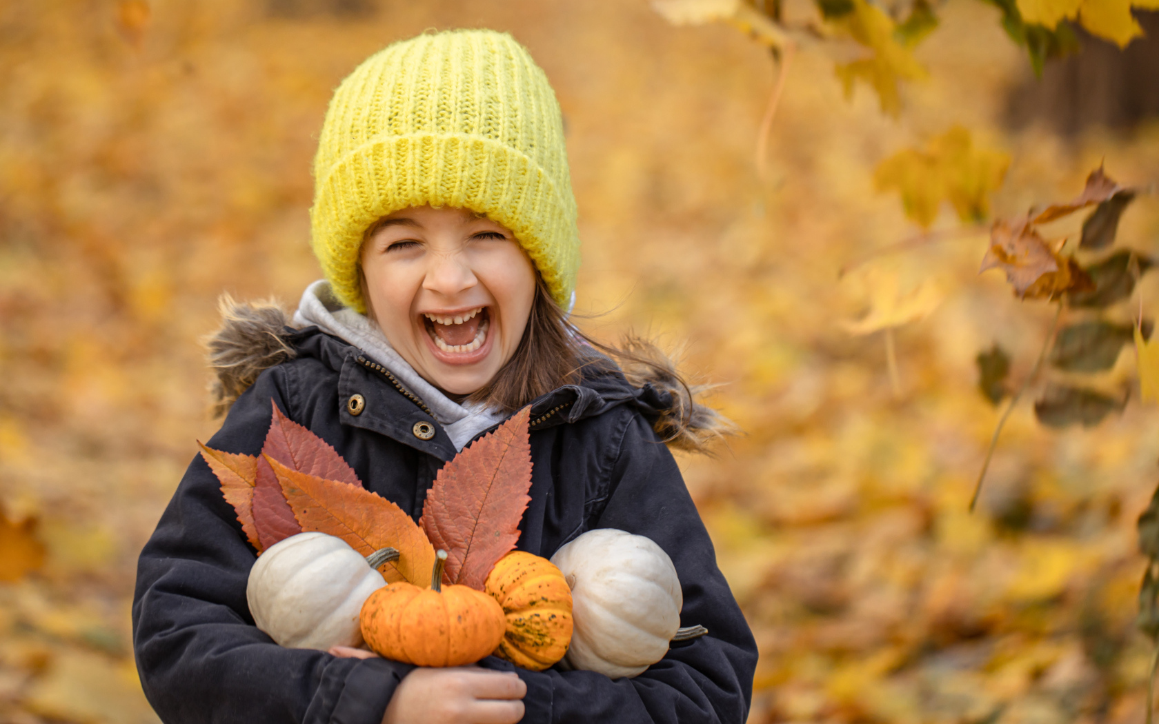 Веселая девочка с тыквами и листьями в руках осенью