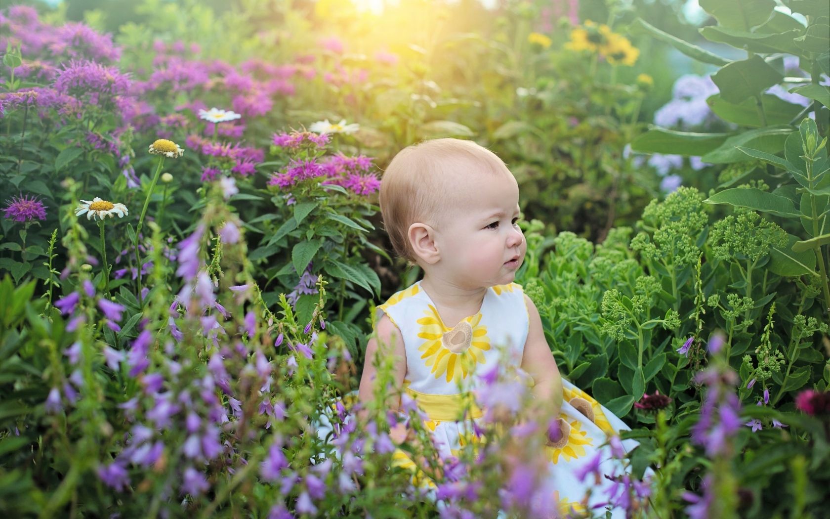 Милая девочка в платье сидит в цветах