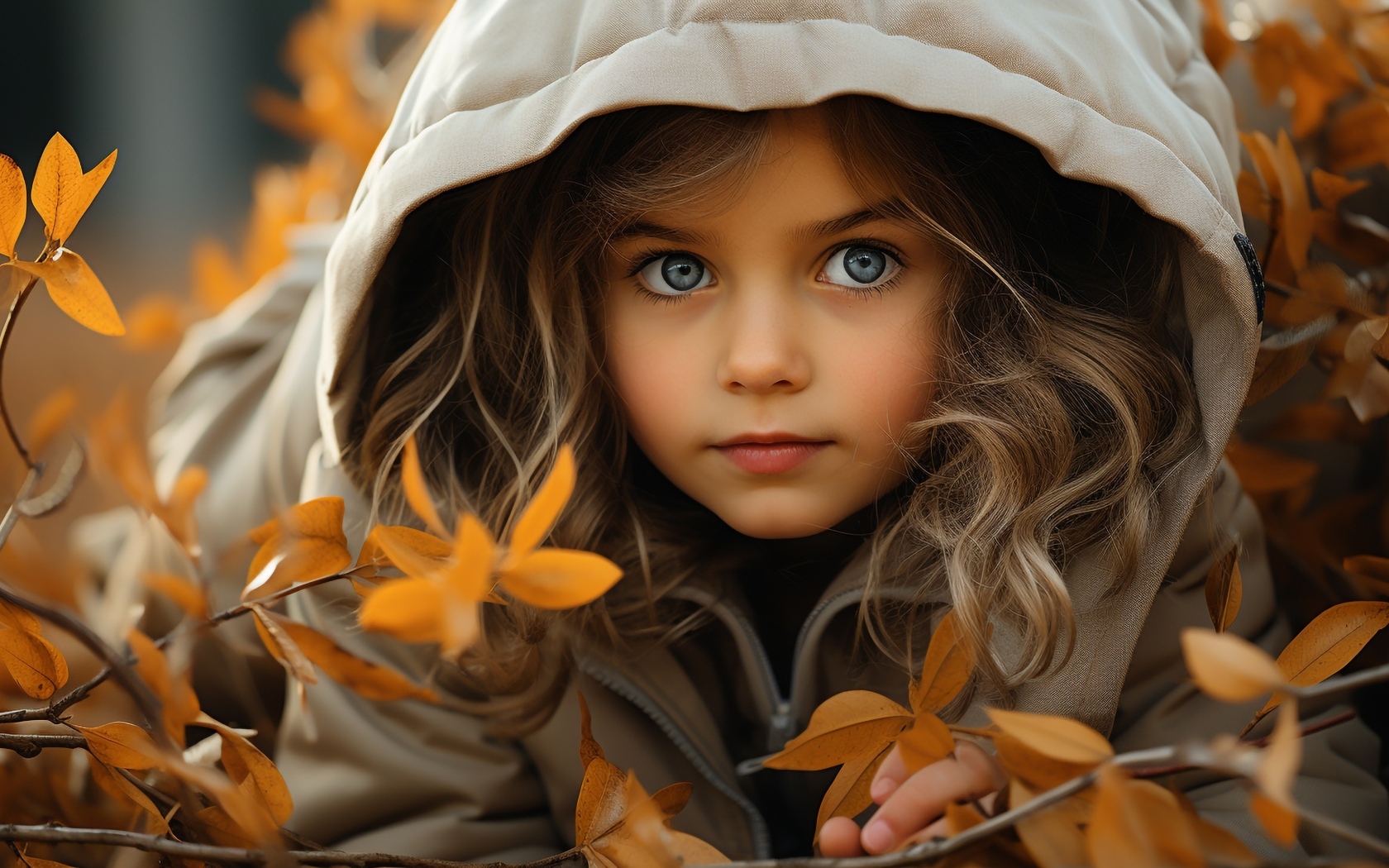 Маленькая голубоглазая девочка в куртке осенью 