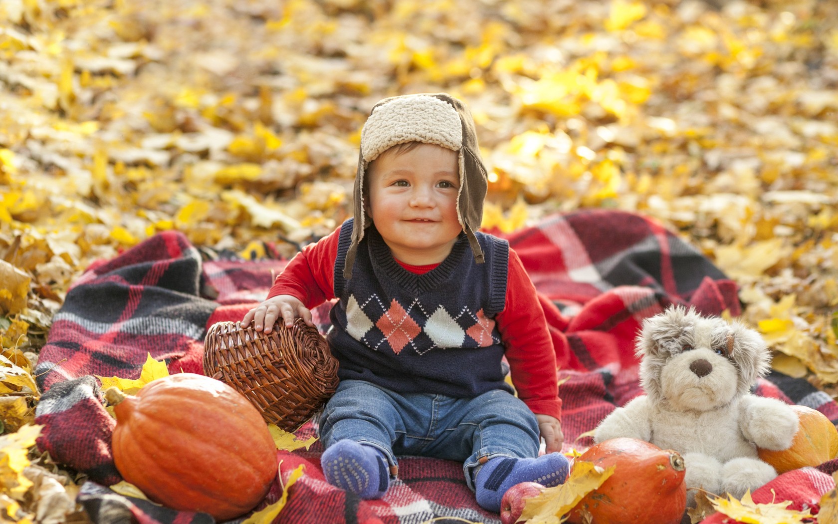 Маленький мальчик с игрушками на земле осенью 