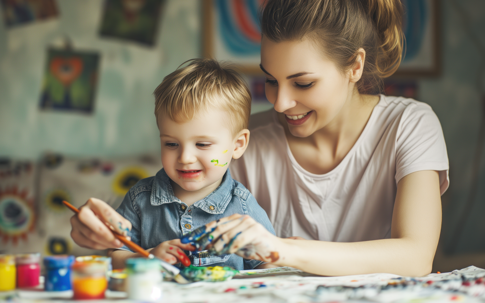 Мама рисует красками с сыном