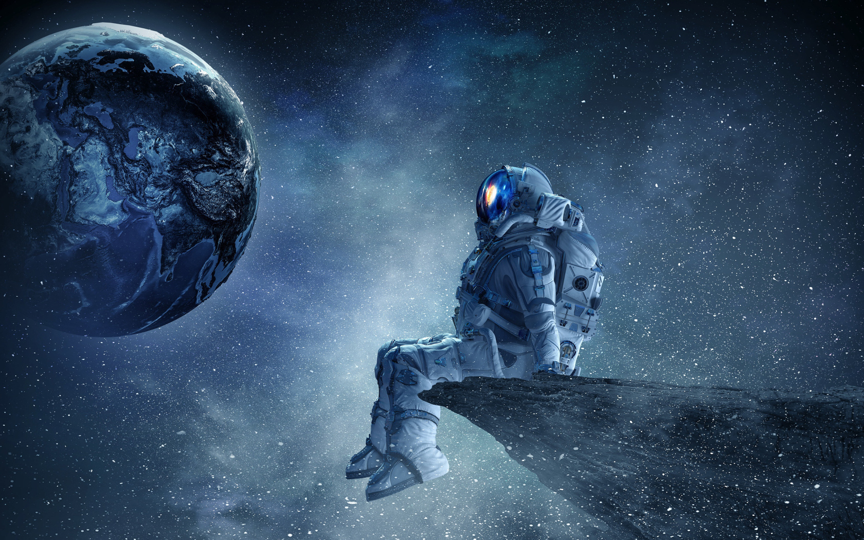 Астронавт сидит на остром крае планеты на фоне Земли