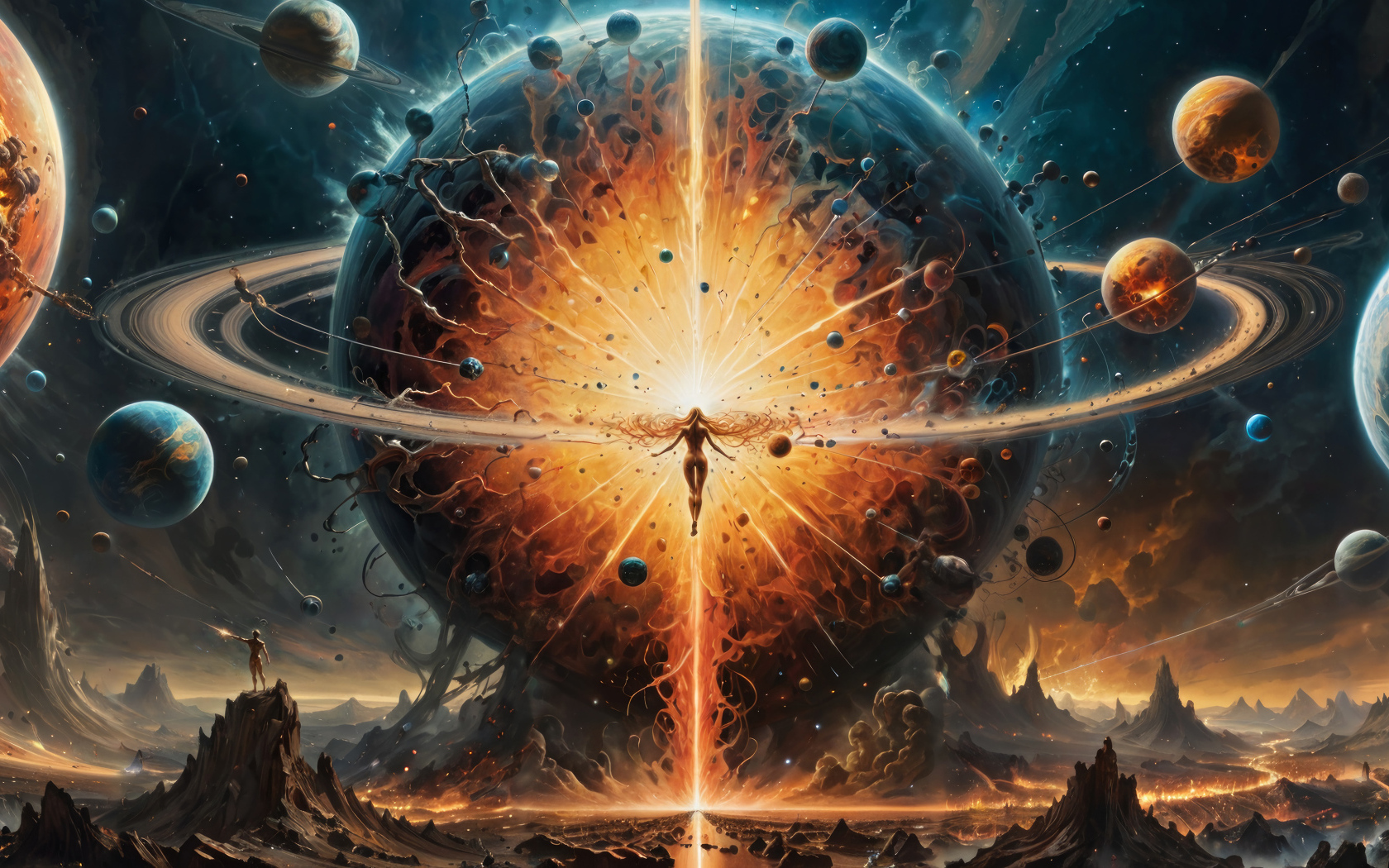 Girl against the backdrop of a planet exploding in space