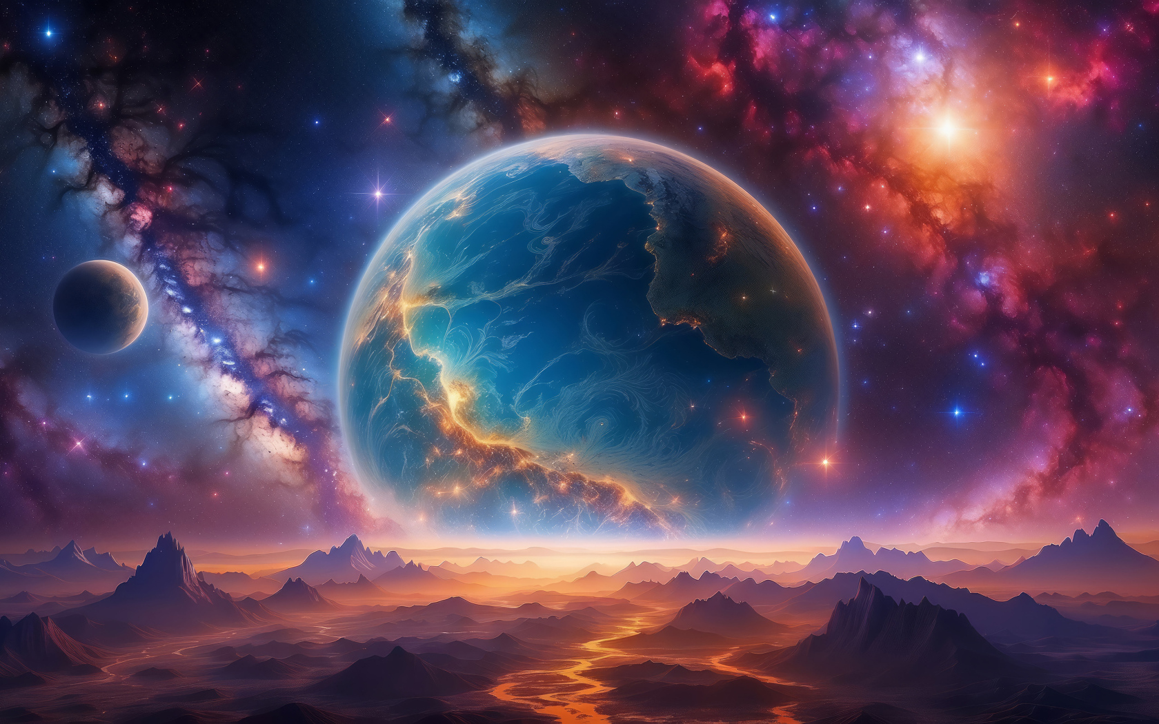 Млечный путь в небе над большой круглой планетой