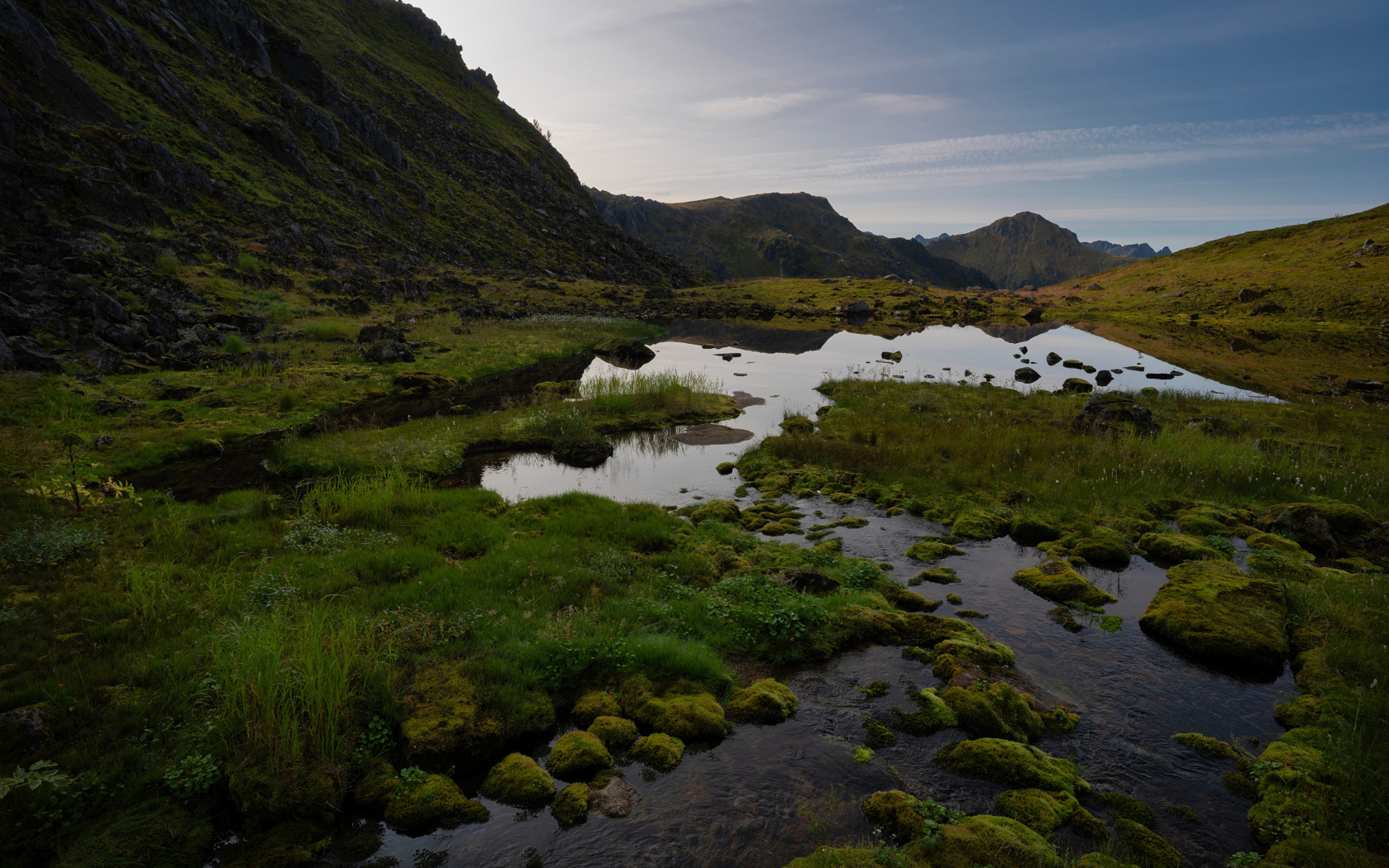 Мелкая горная река покрыта зеленью, Норвегия