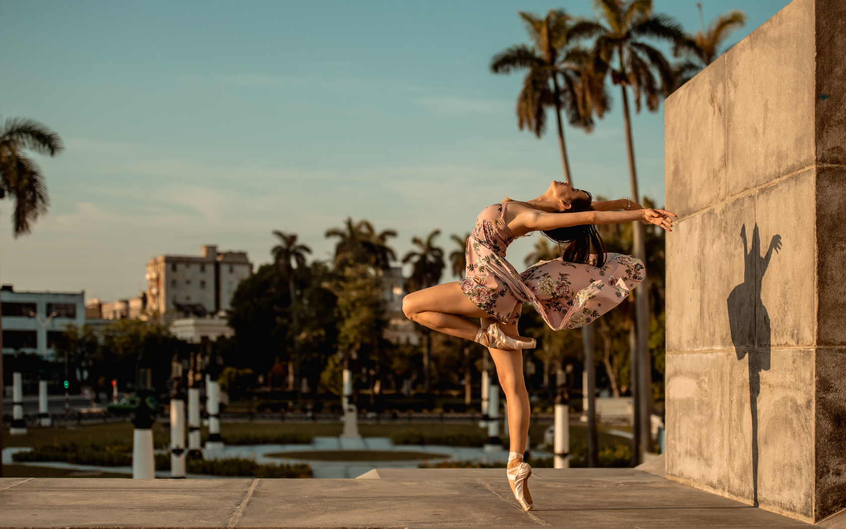 Девушка балерина в платье в красивой позе в лучах солнца
