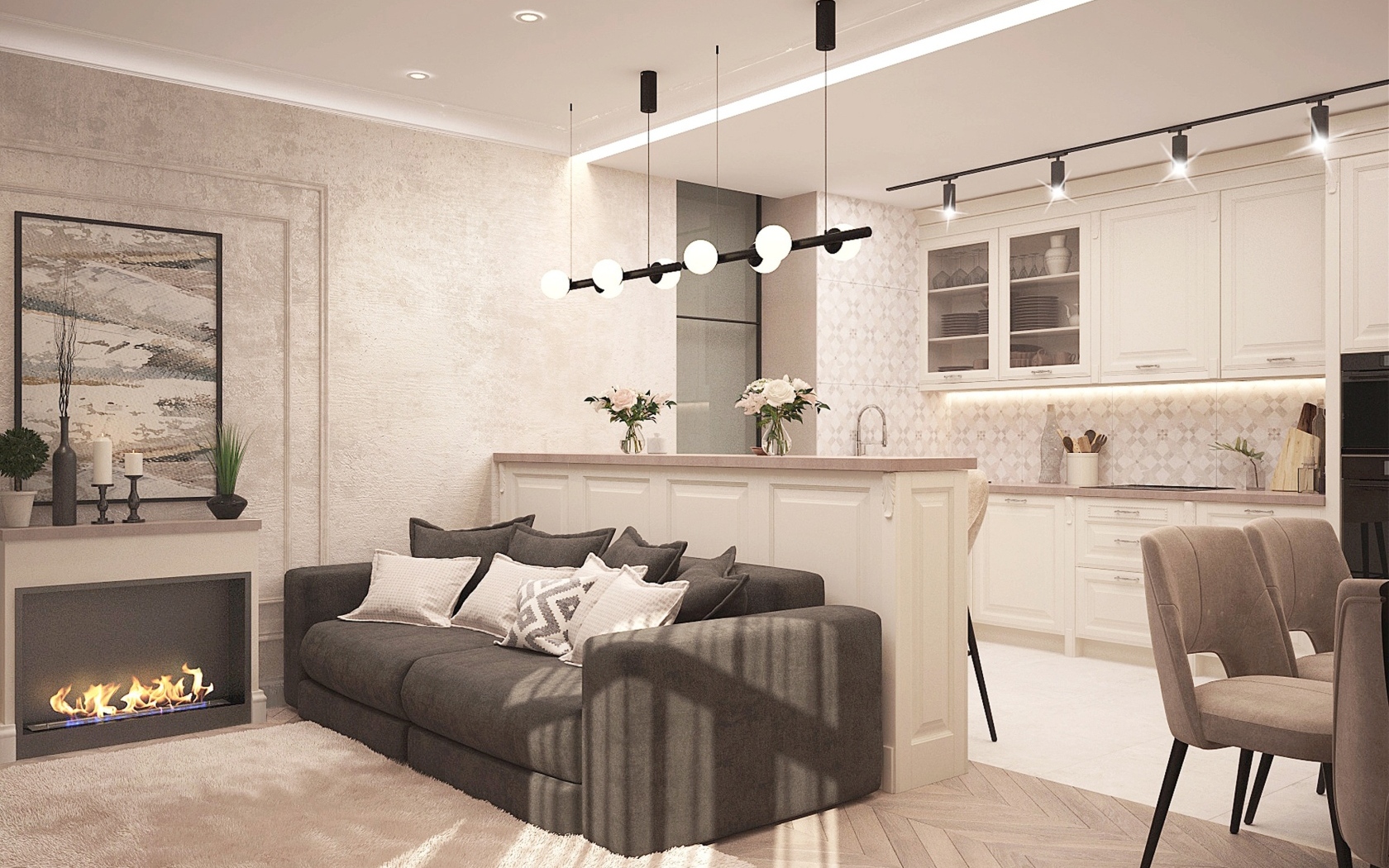 Светлая гостиная с камином и кухней