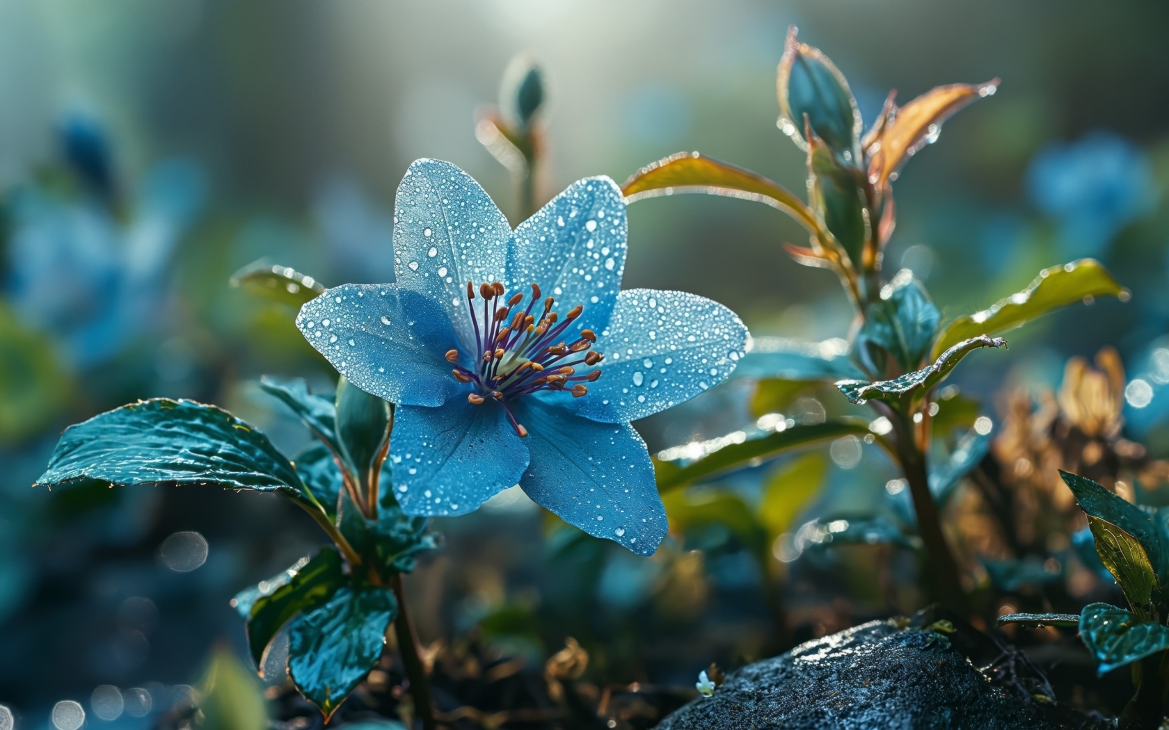 Синий цветок с бутонами в каплях росы