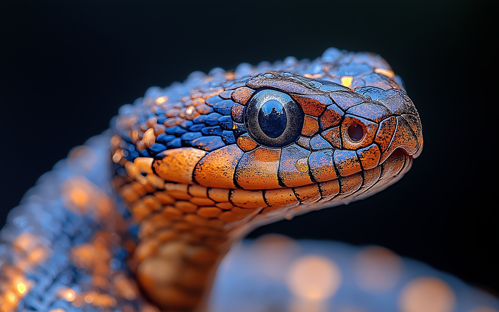 Голова змеи с большими глазами на черном фоне