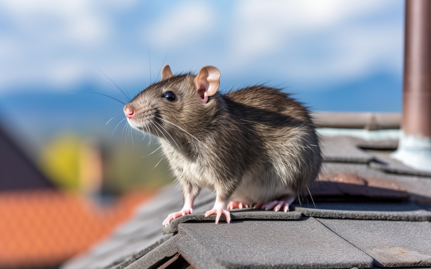 Серая крыса сидит на крыше