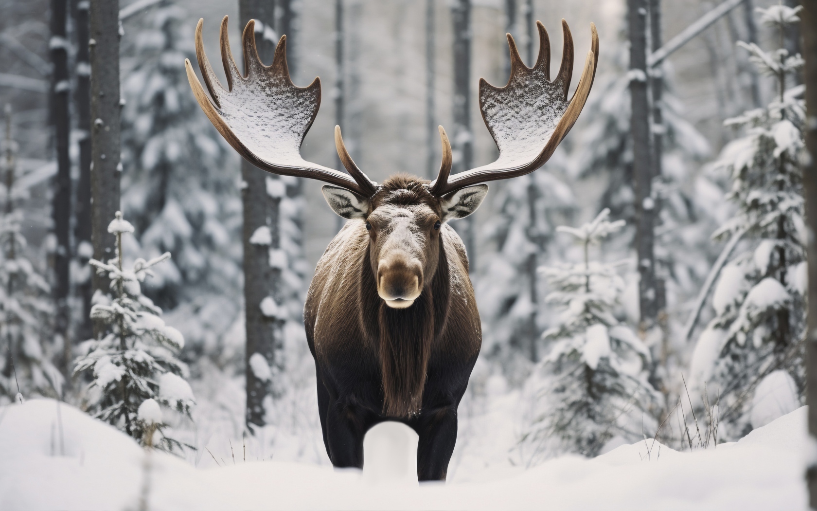 Большой рогатый лось в лесу зимой