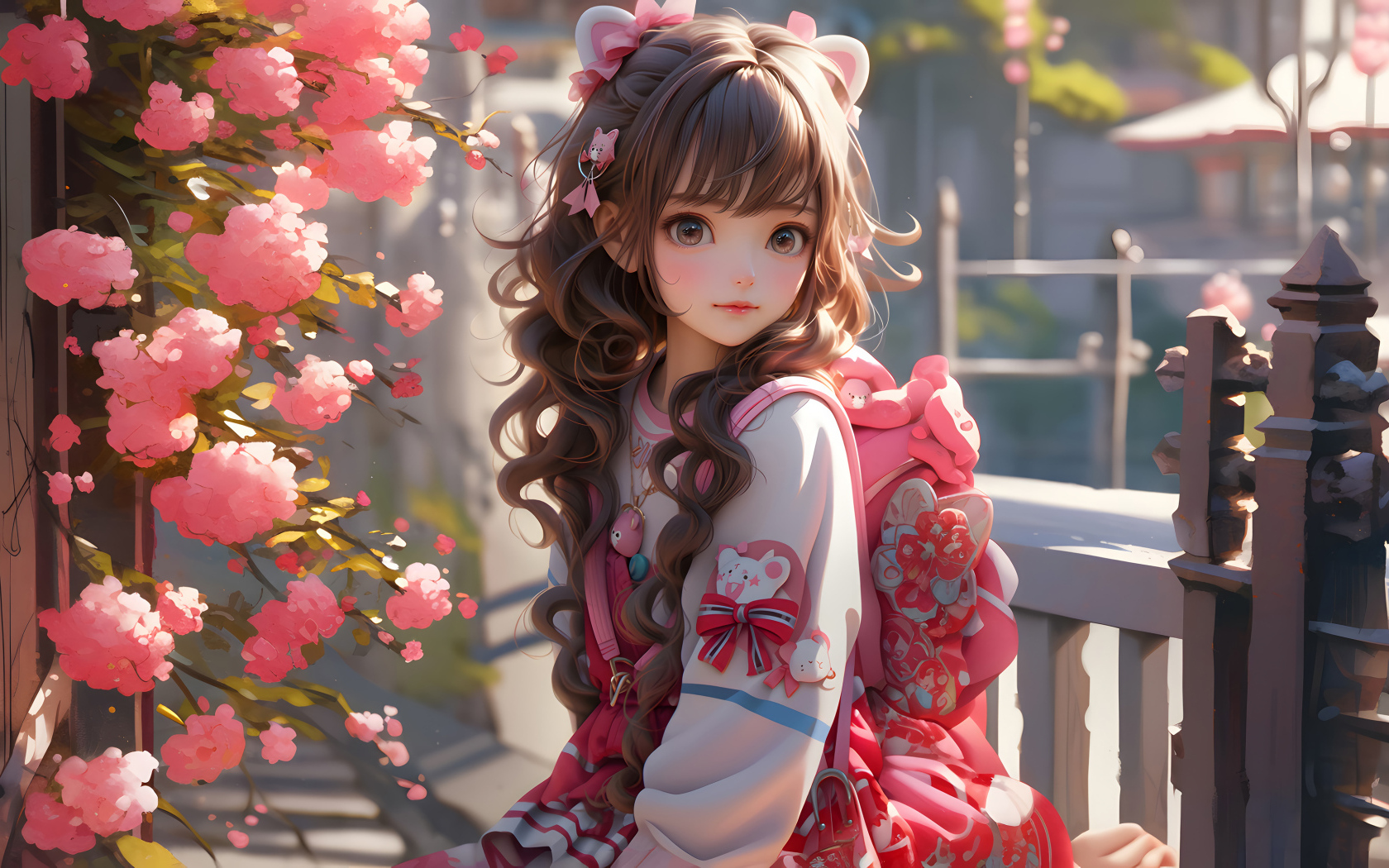 Милая девушка аниме с розовыми цветами