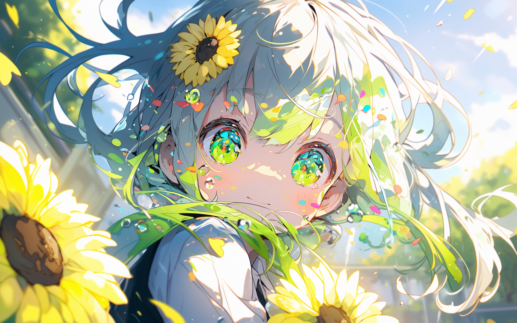 Зеленоглазая девочка аниме с подсолнухами