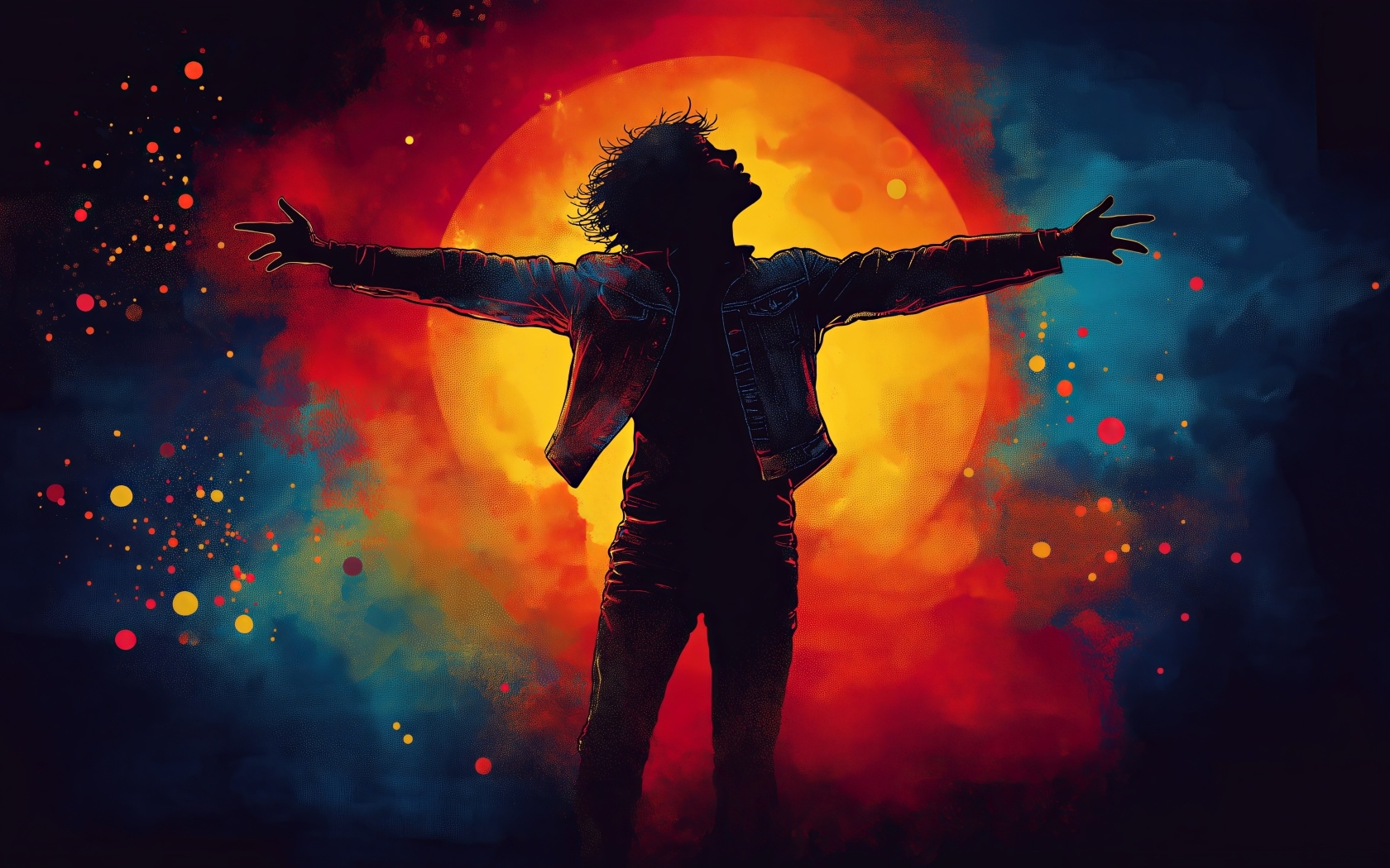 Нарисованный мужчина на фоне огненной луны