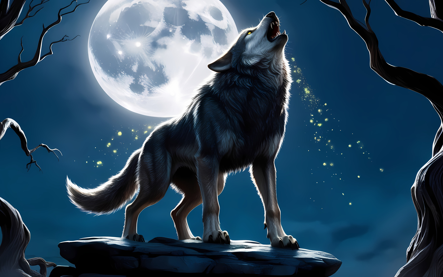 Нарисованный волк воет на луну