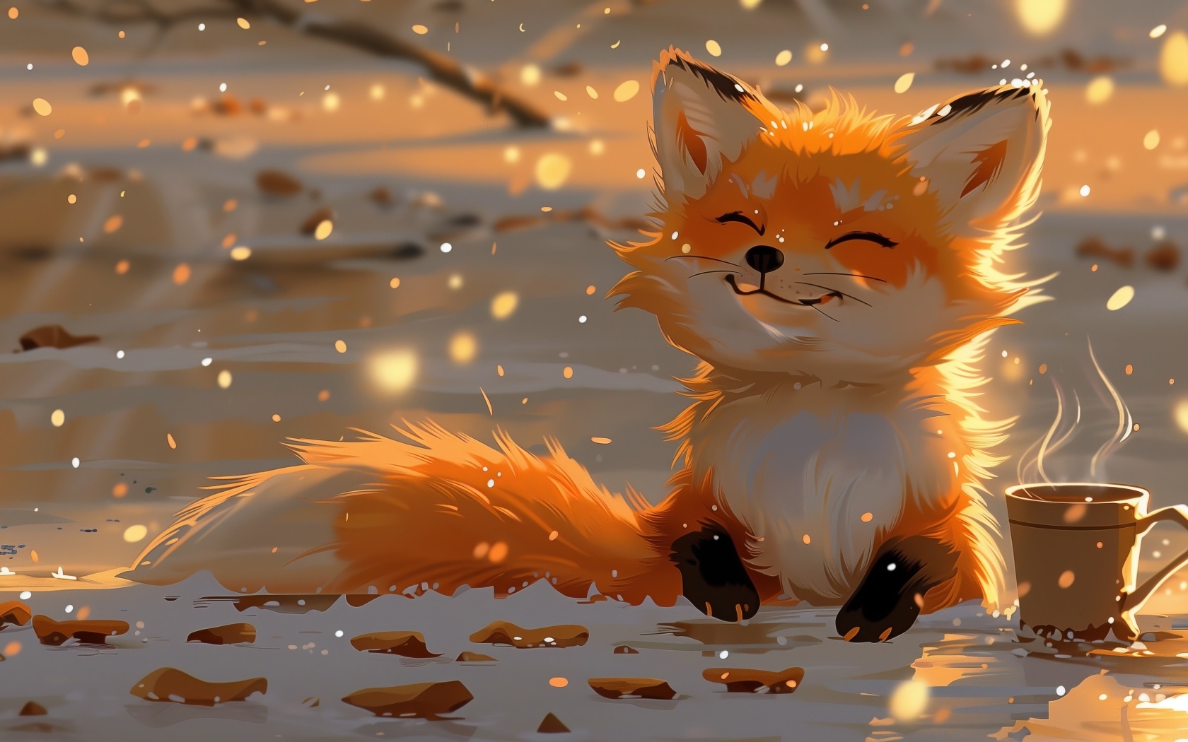 Нарисованный рыжий лисенок с чашкой