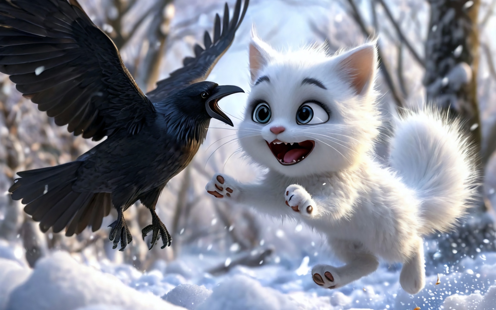 Нарисованный белый котенок играет с вороном