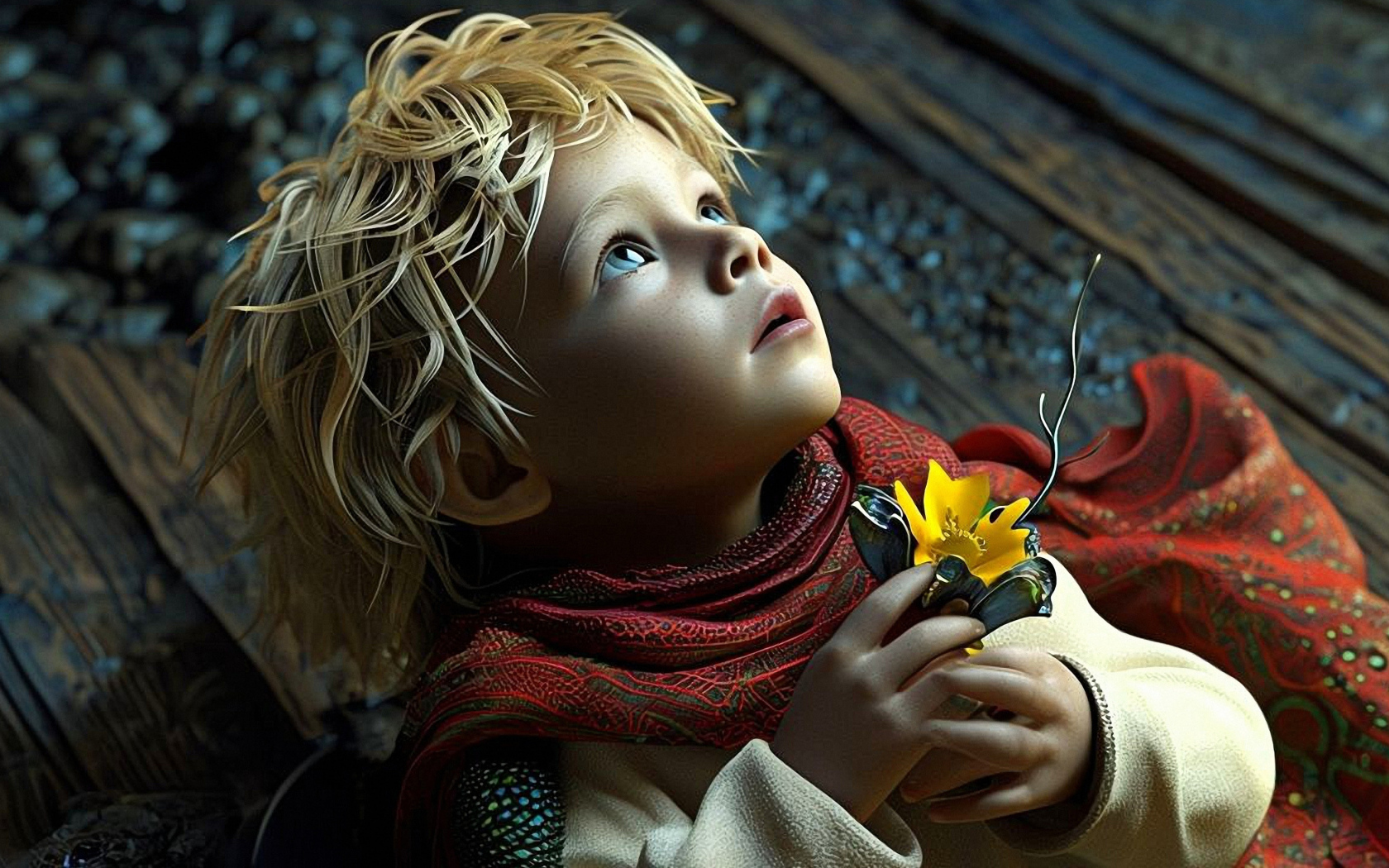 Маленький светловолосый нарисованныЙ мальчик с цветком