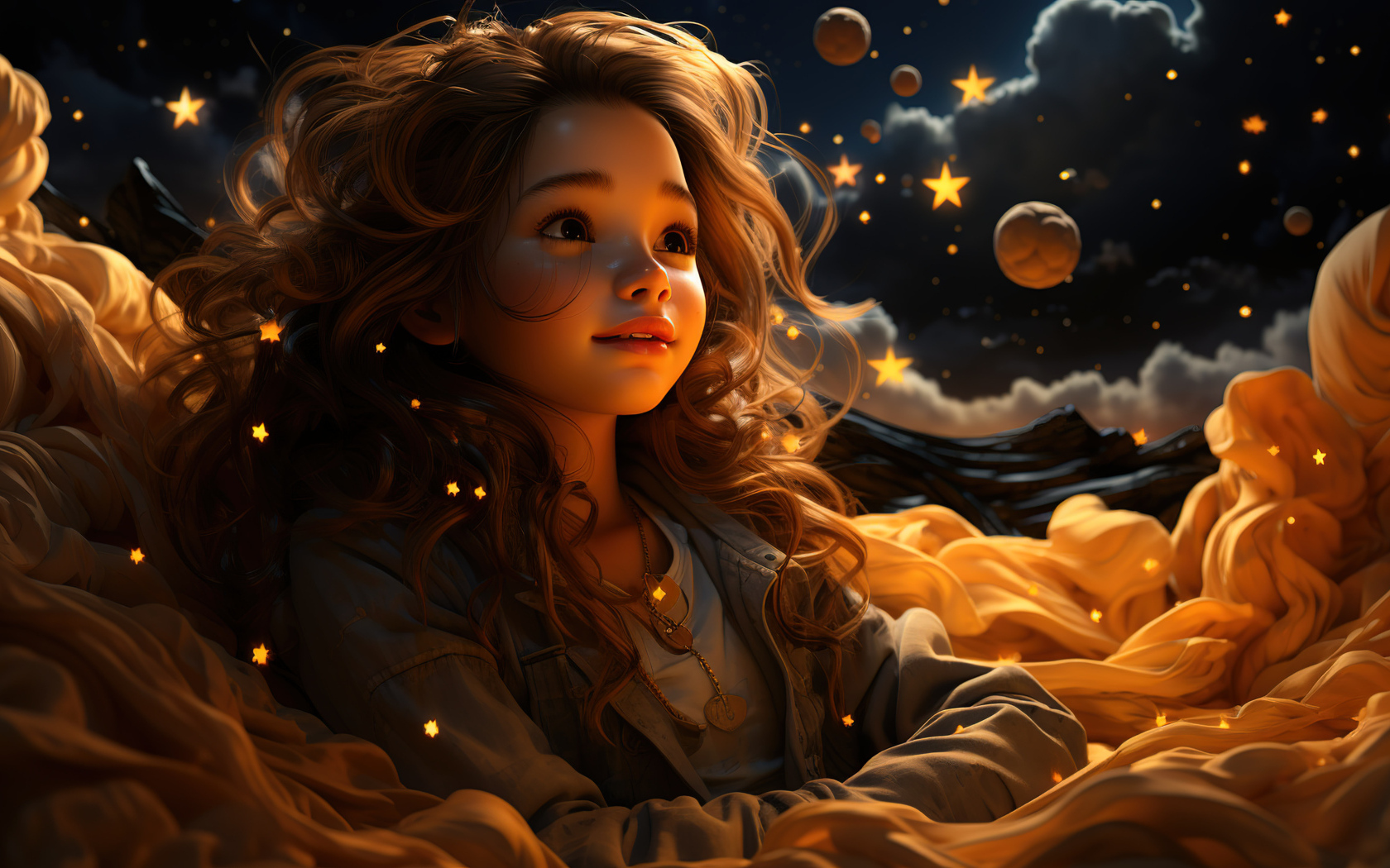 Нарисованная мечтательная девочка на фоне неба