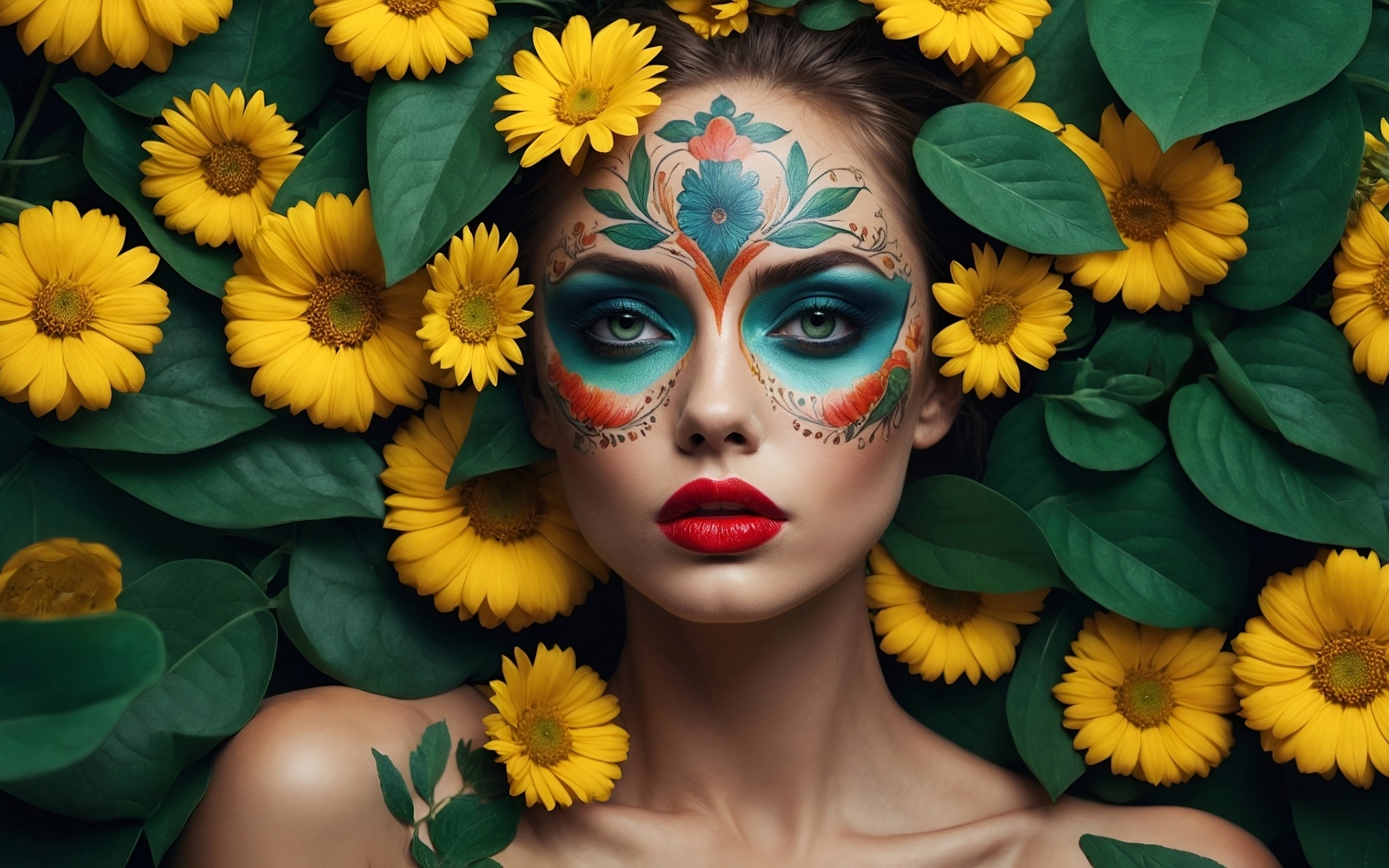 Девушка с нарисованной маской на лице в желтых цветах