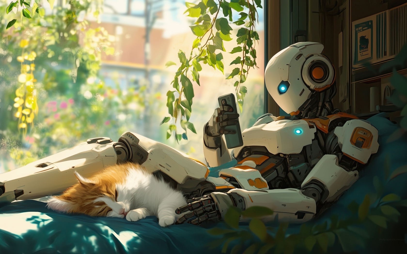 Робот лежит на кровати с котом