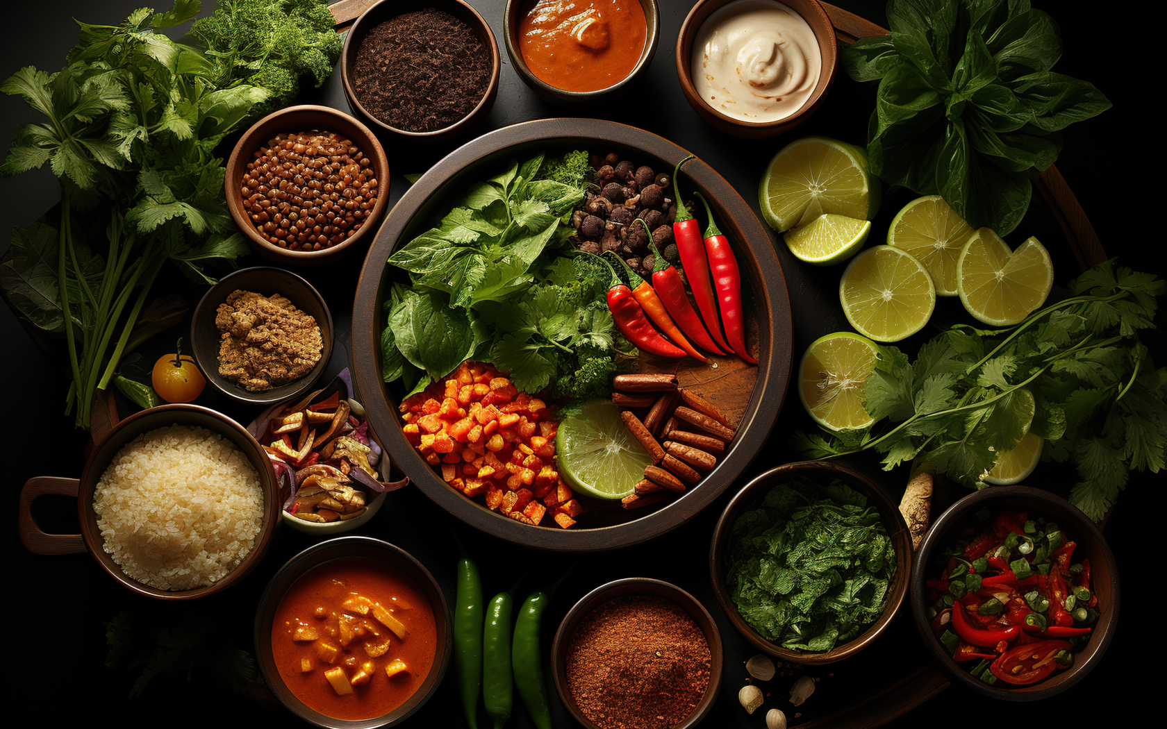 Ароматные специи, зелень и овощи на столе