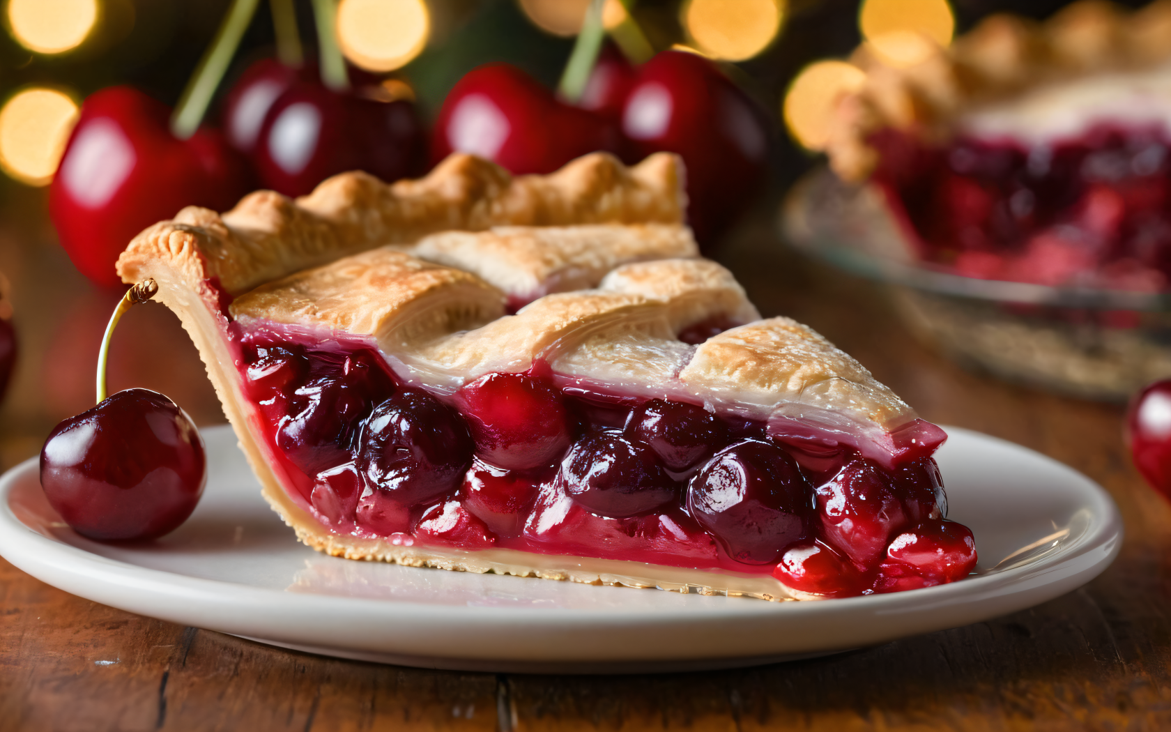 Кусок вишневого пирога на столе с ягодами