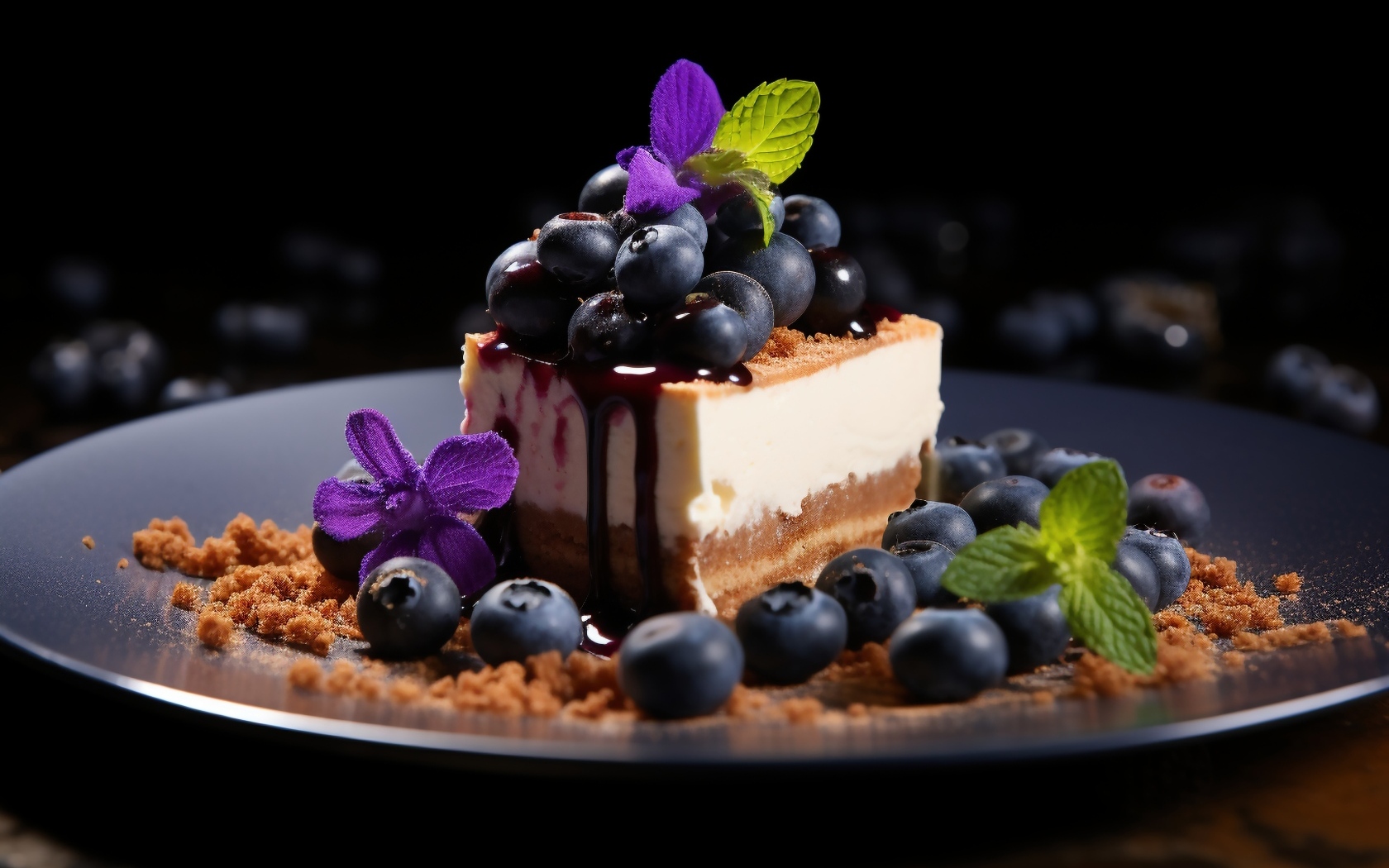 Кусок пирога с ягодами черники и листьями мяты