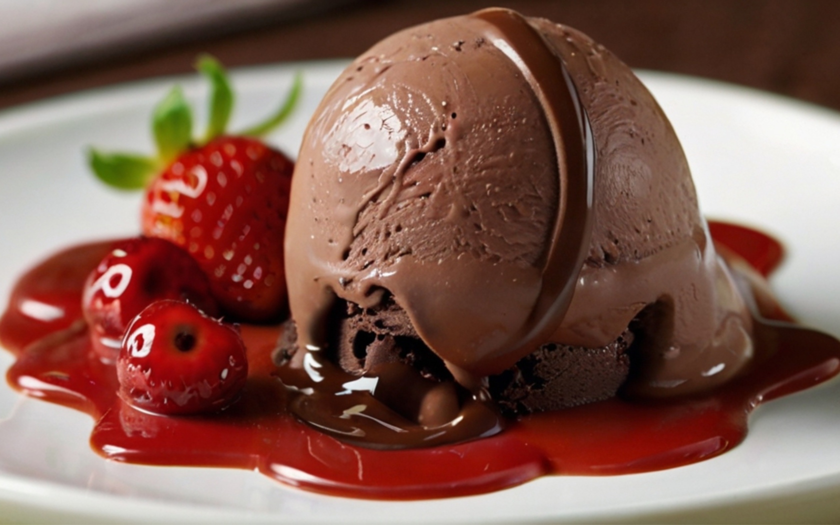 Шарик шоколадного мороженого на тарелке с ягодами клубники