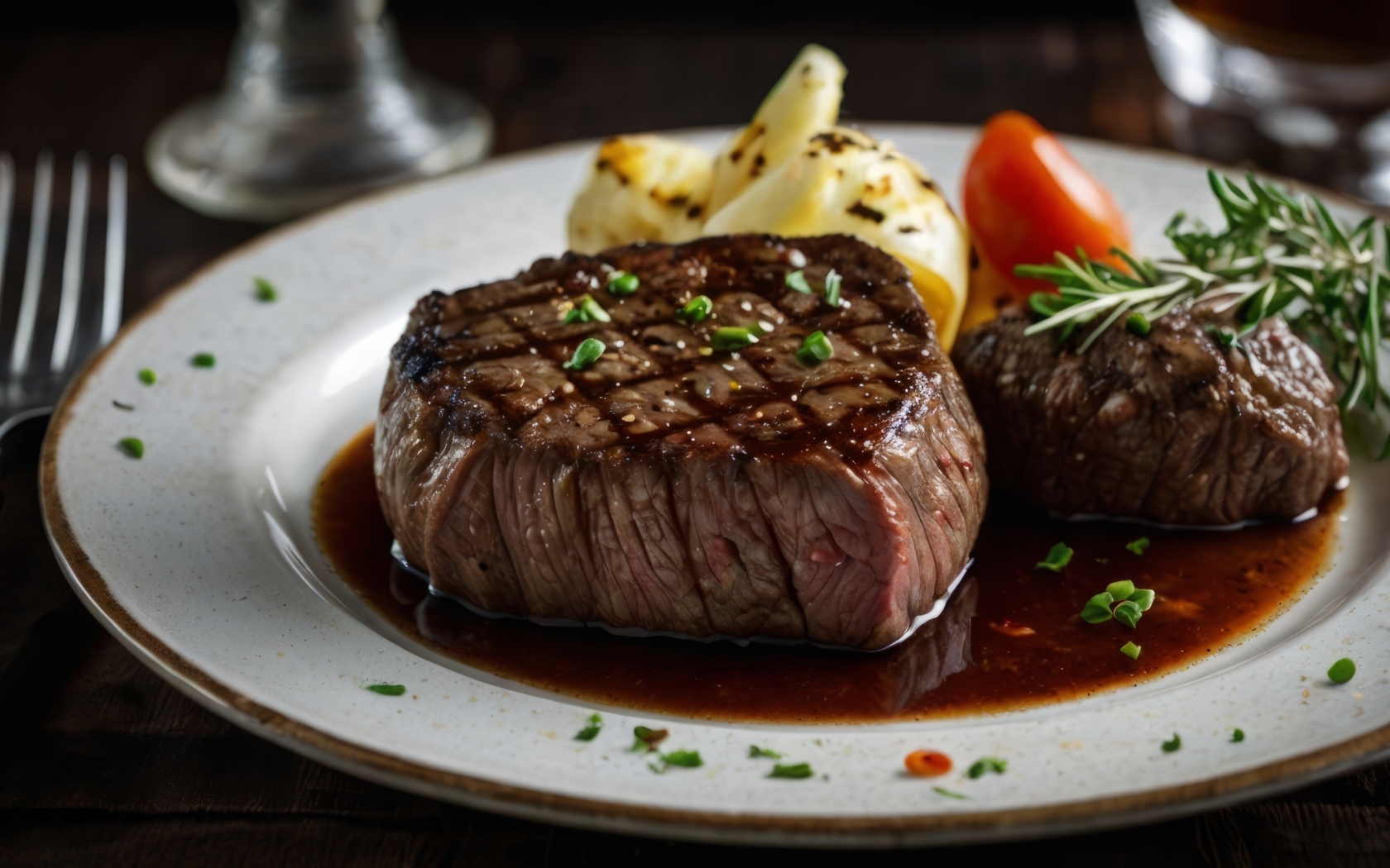 Кусок сочного стейка на тарелке на столе