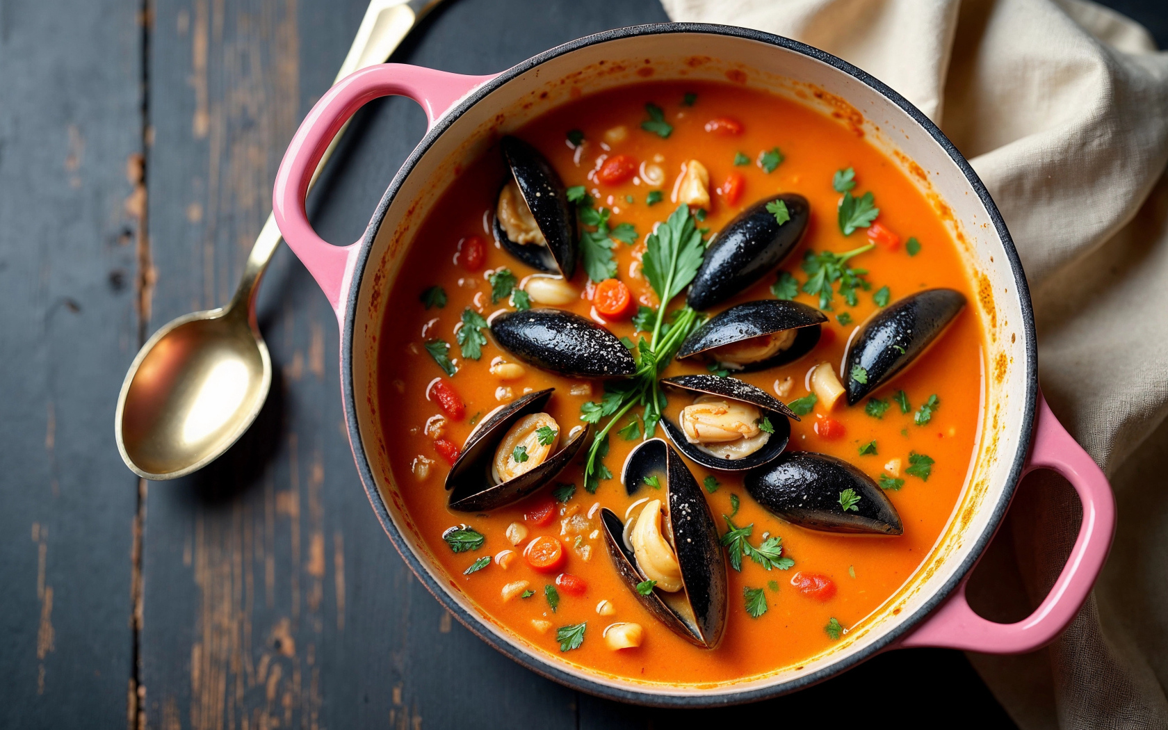 Томатный суп с мидиями на столе