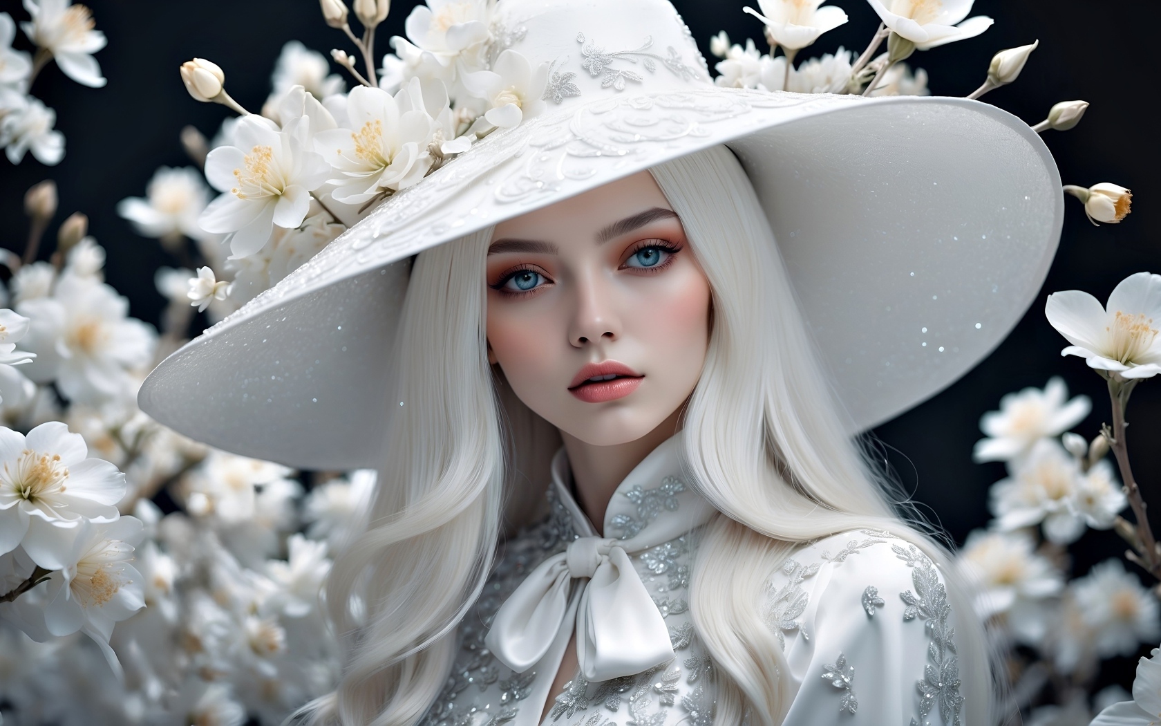 Красивая девушка 3д в большой шляпе с белыми цветами