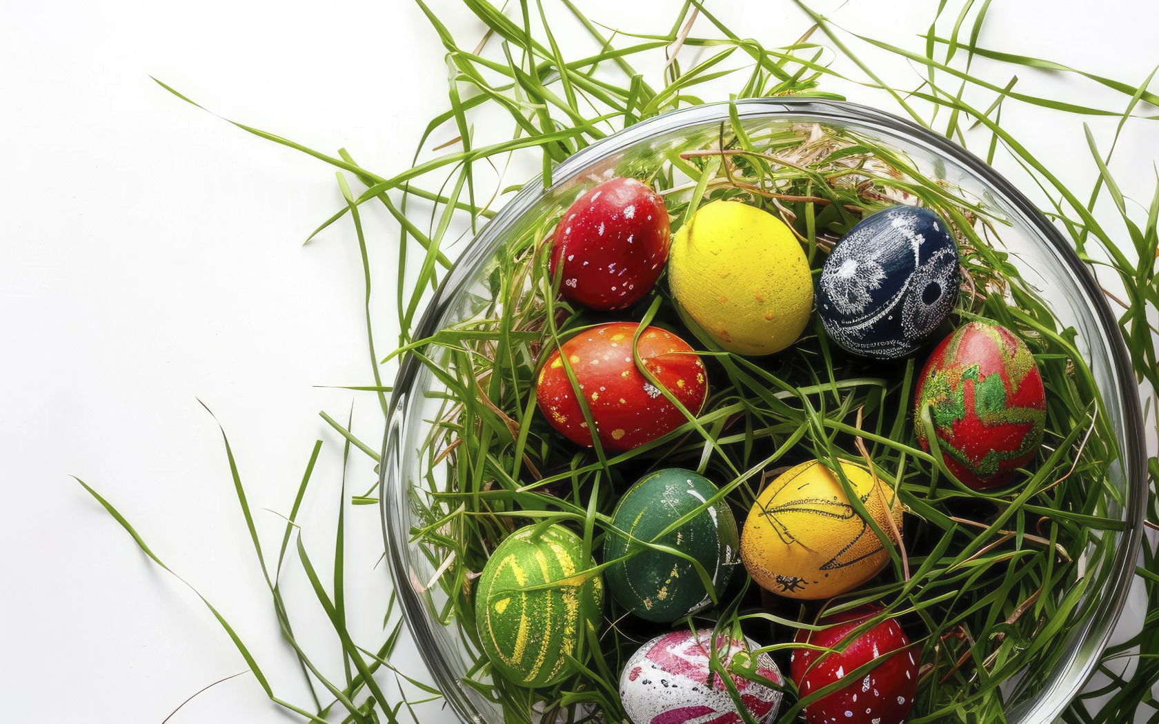 Тарелка с зеленой травой и крашеными яйцами на белом фоне