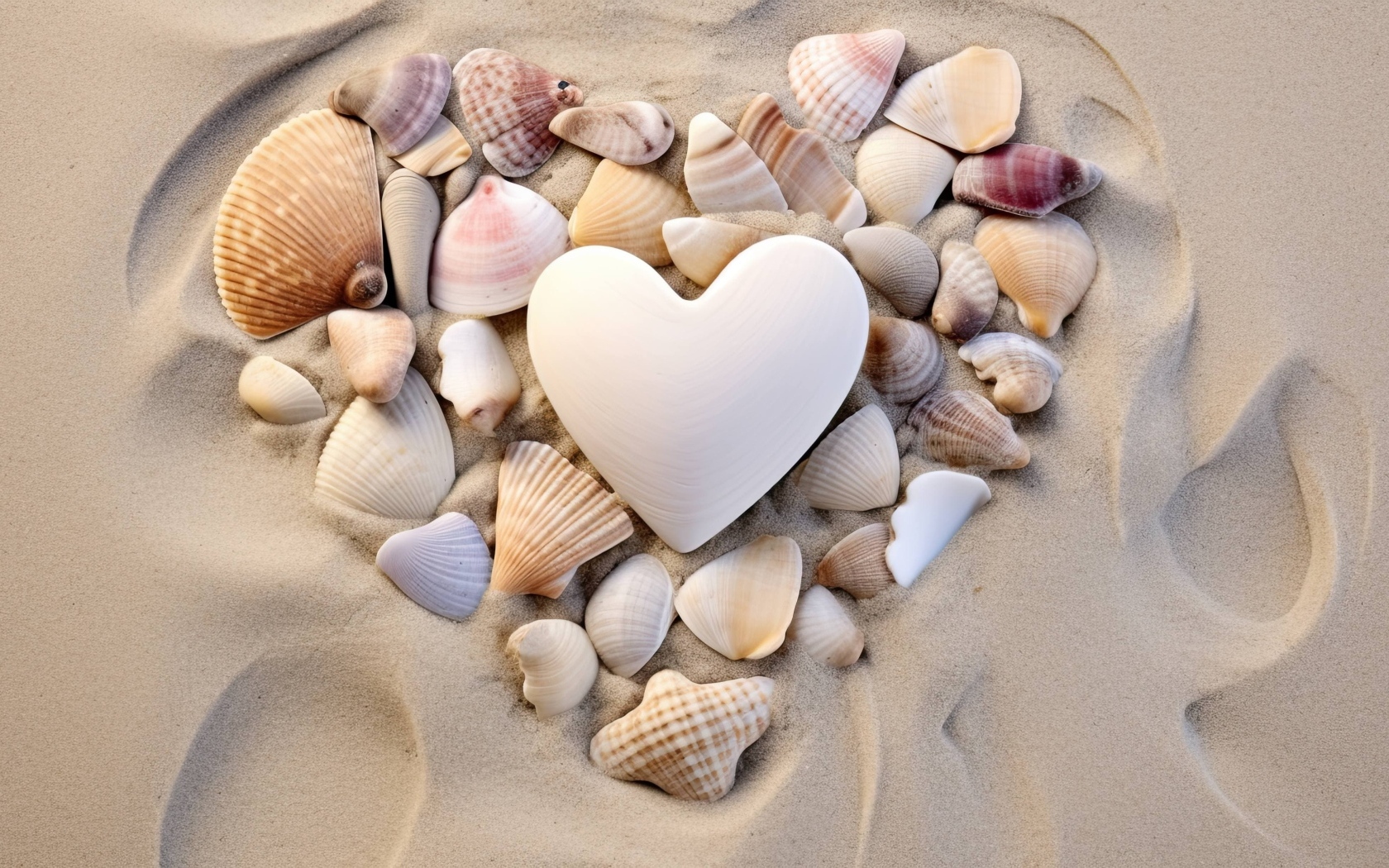 Сердце из ракушек на песке на пляже