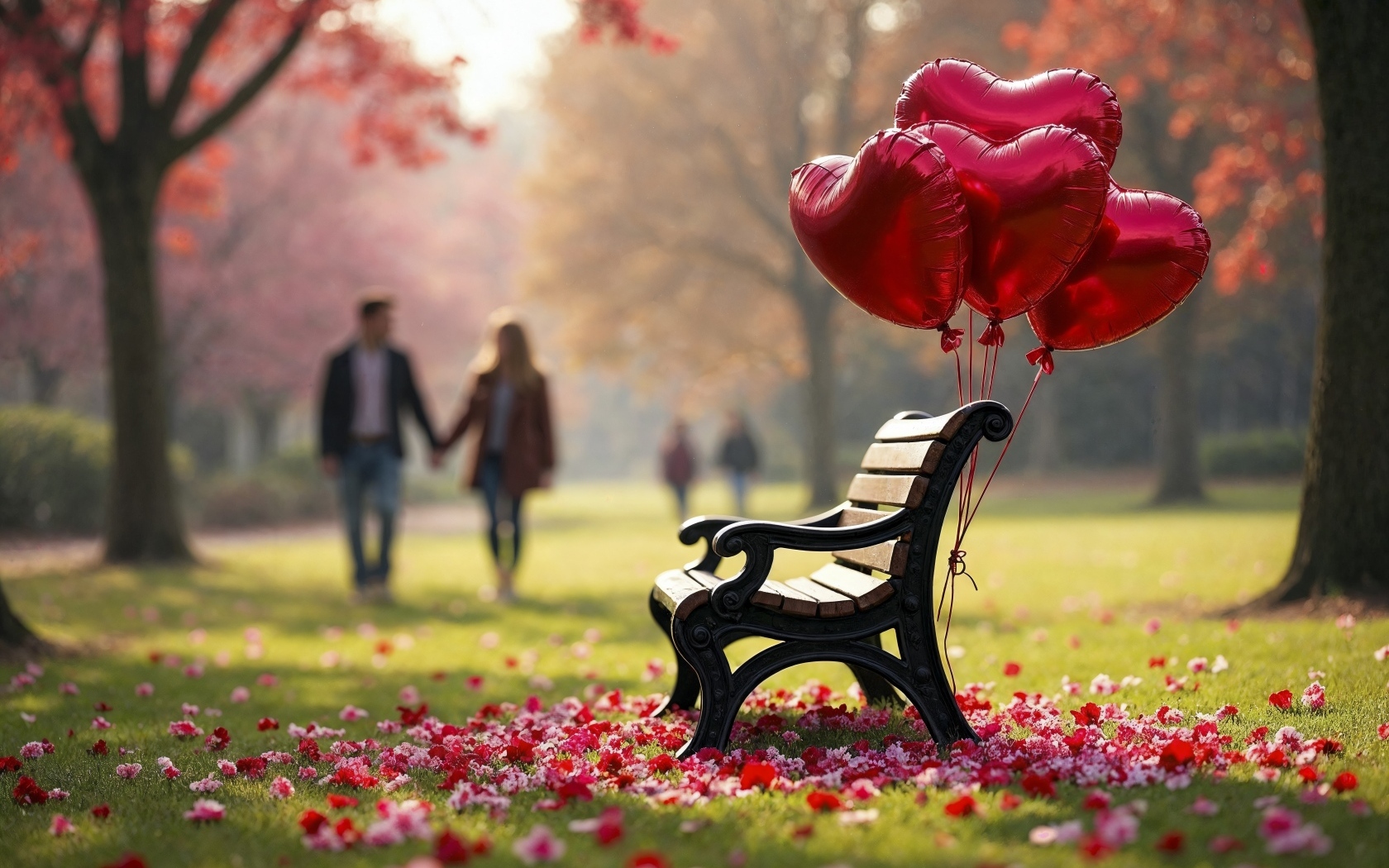 Лавка в парке с шариками в форме сердца