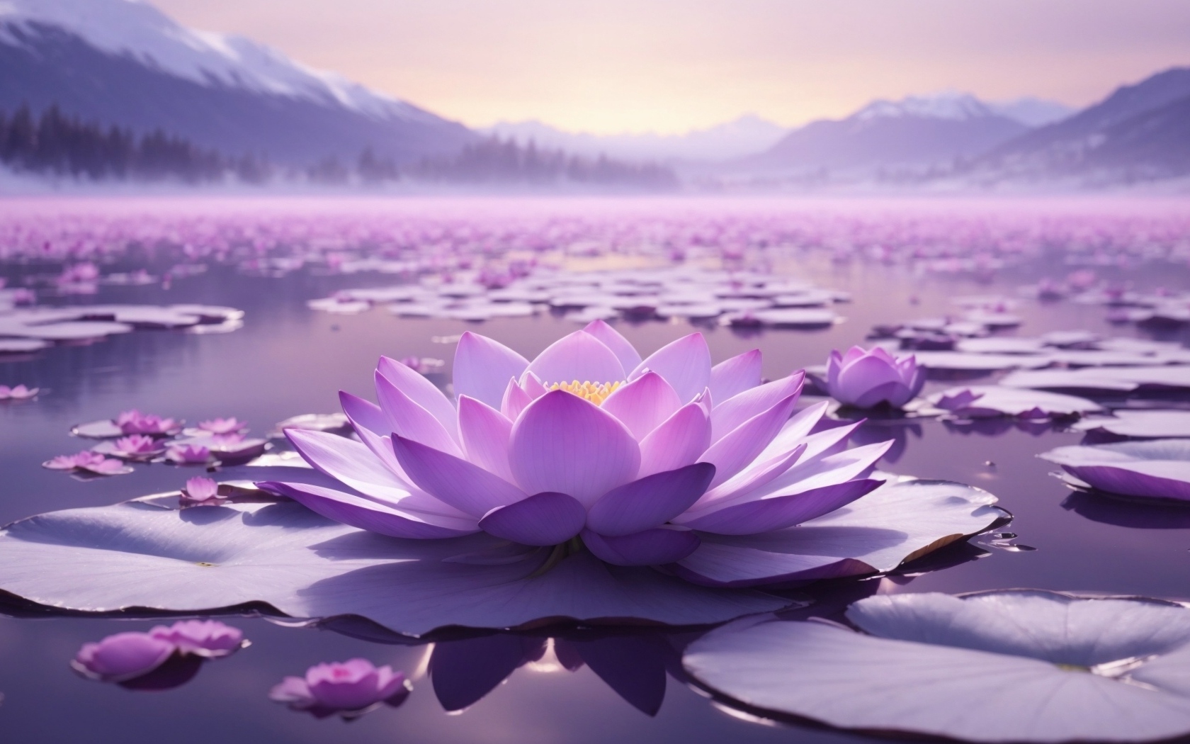 Озеро с крупными розовыми цветами лотоса