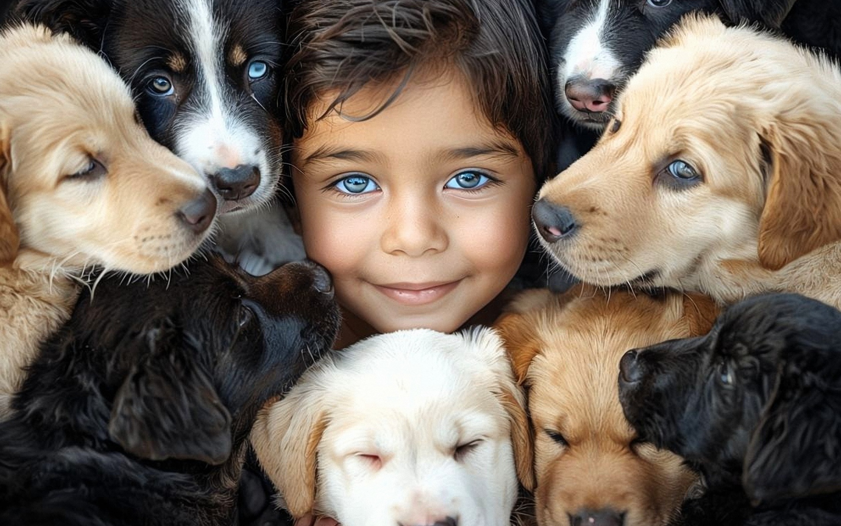 Красивый ребенок с собаками