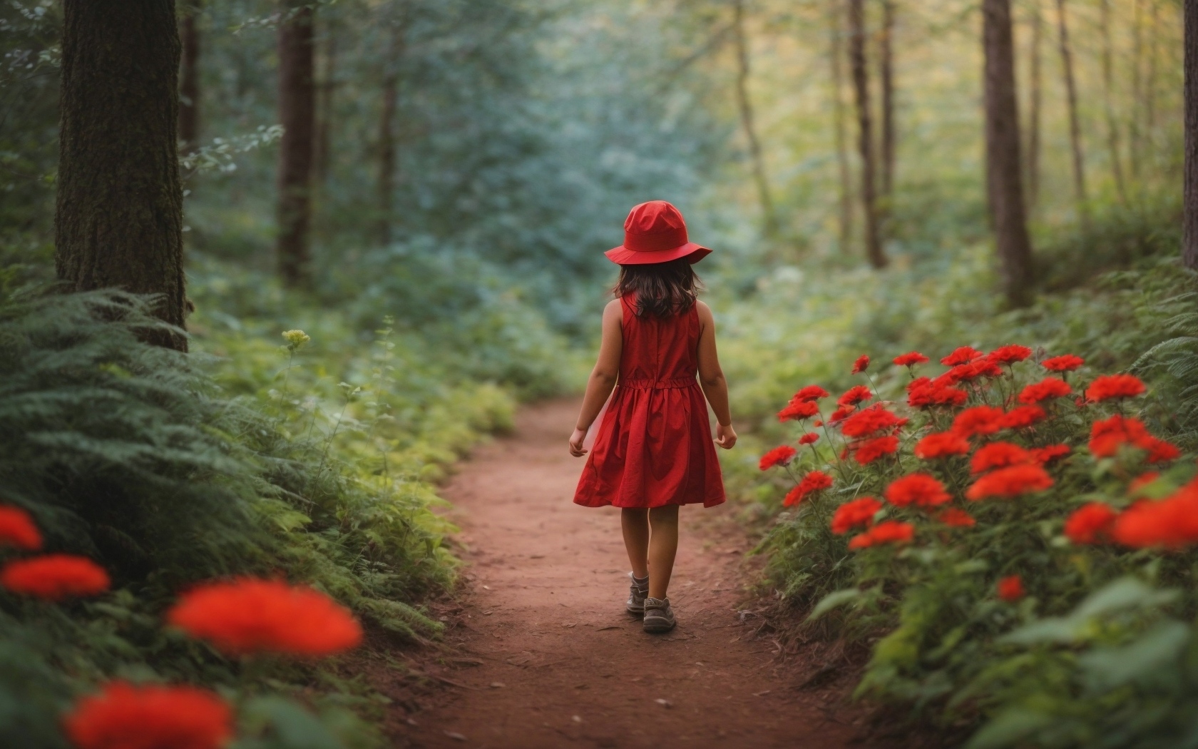 Маленькая девочка в красном платье в лесу 