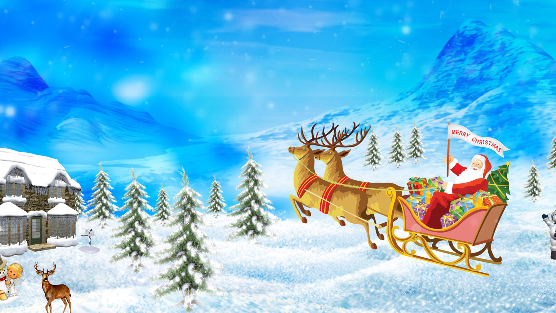 Дед Мороз в упряжке с оленями на рождество