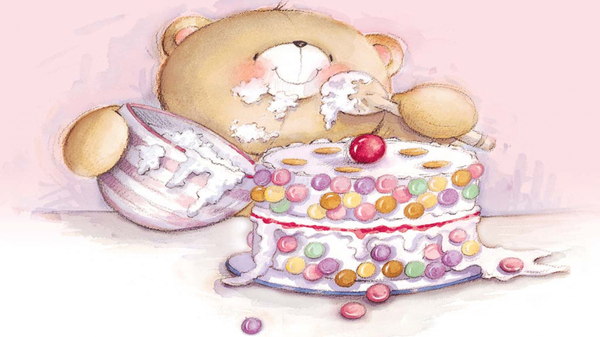 Плюшевый медведь ест вкусный торт на день рождения