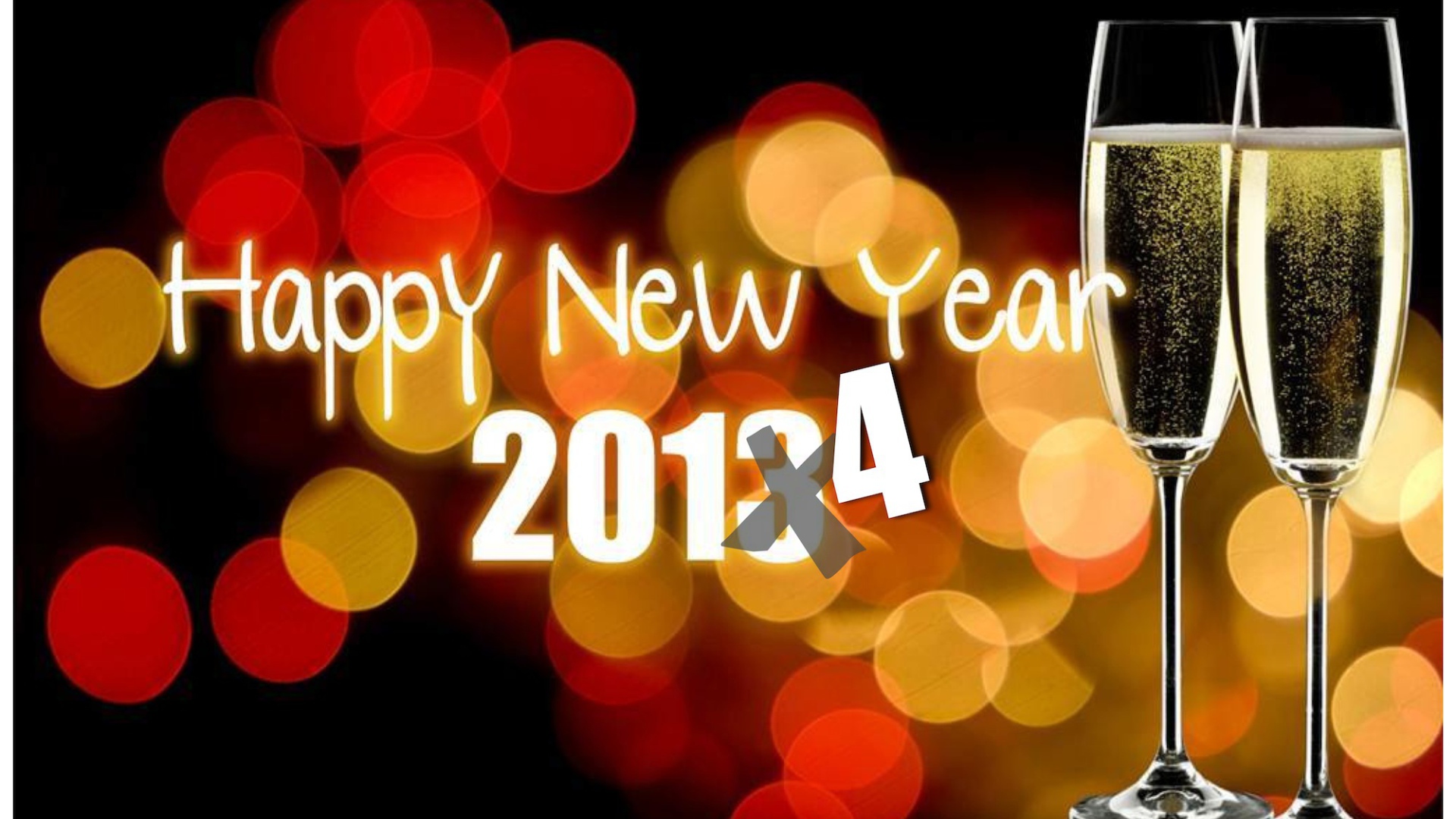 Счастливого Нового Года 2014, бокалы с шампанским и огни
